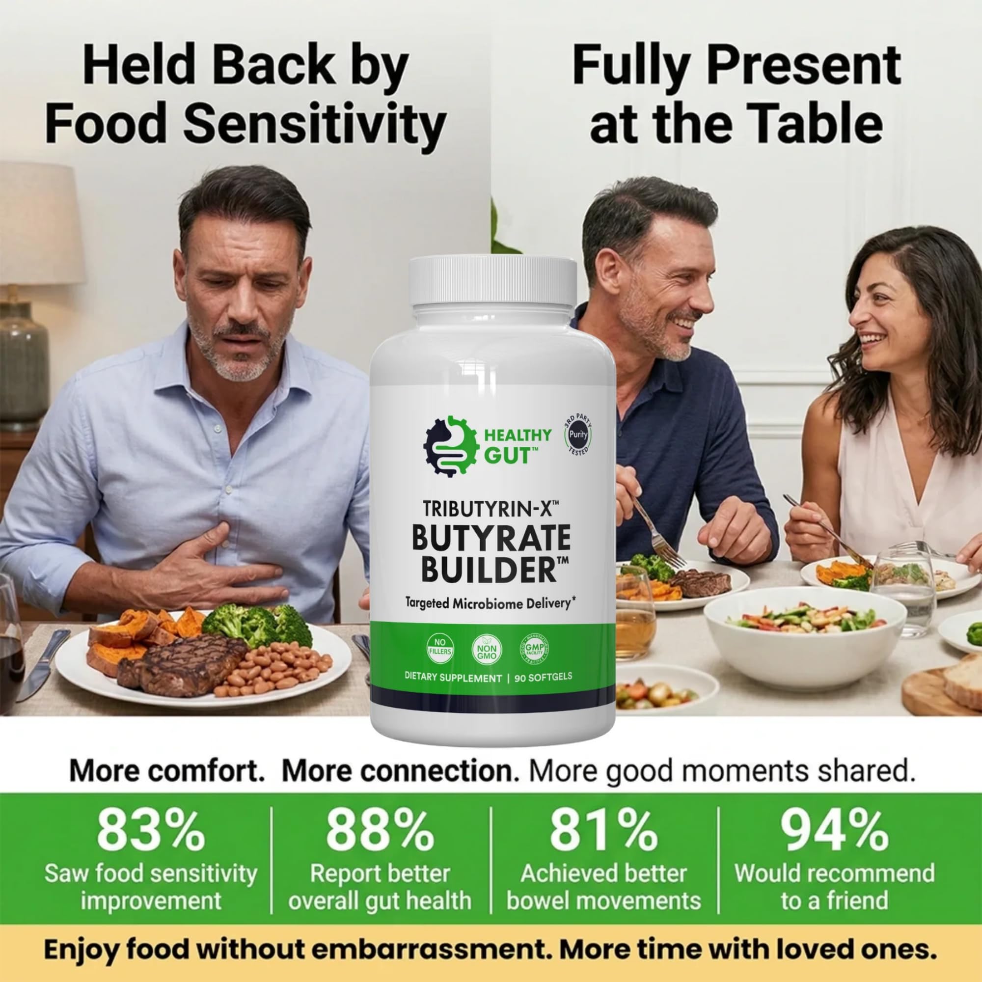 Healthy Gut etiqueta nutricional visible con ingredientes y pureza clara