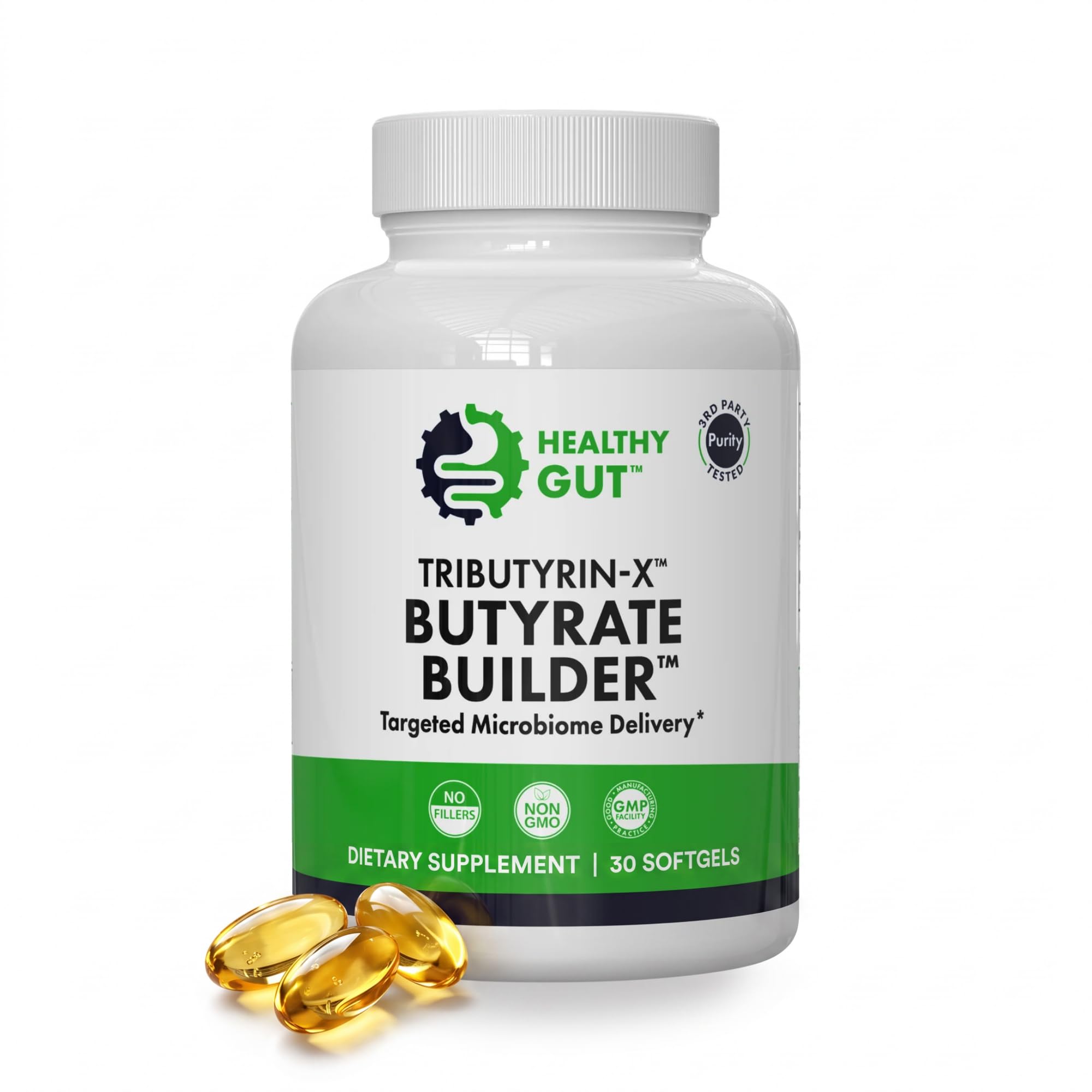Healthy Gut frontal del envase mostrando la marca y beneficio intestinal