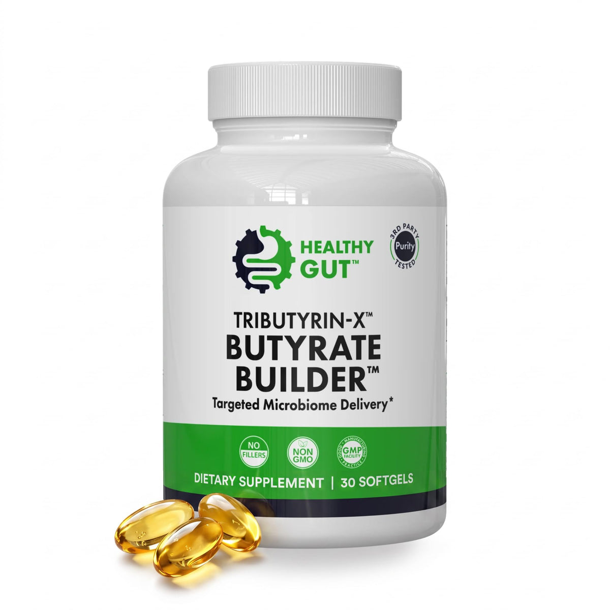 Healthy Gut frontal del envase mostrando la marca y beneficio intestinal