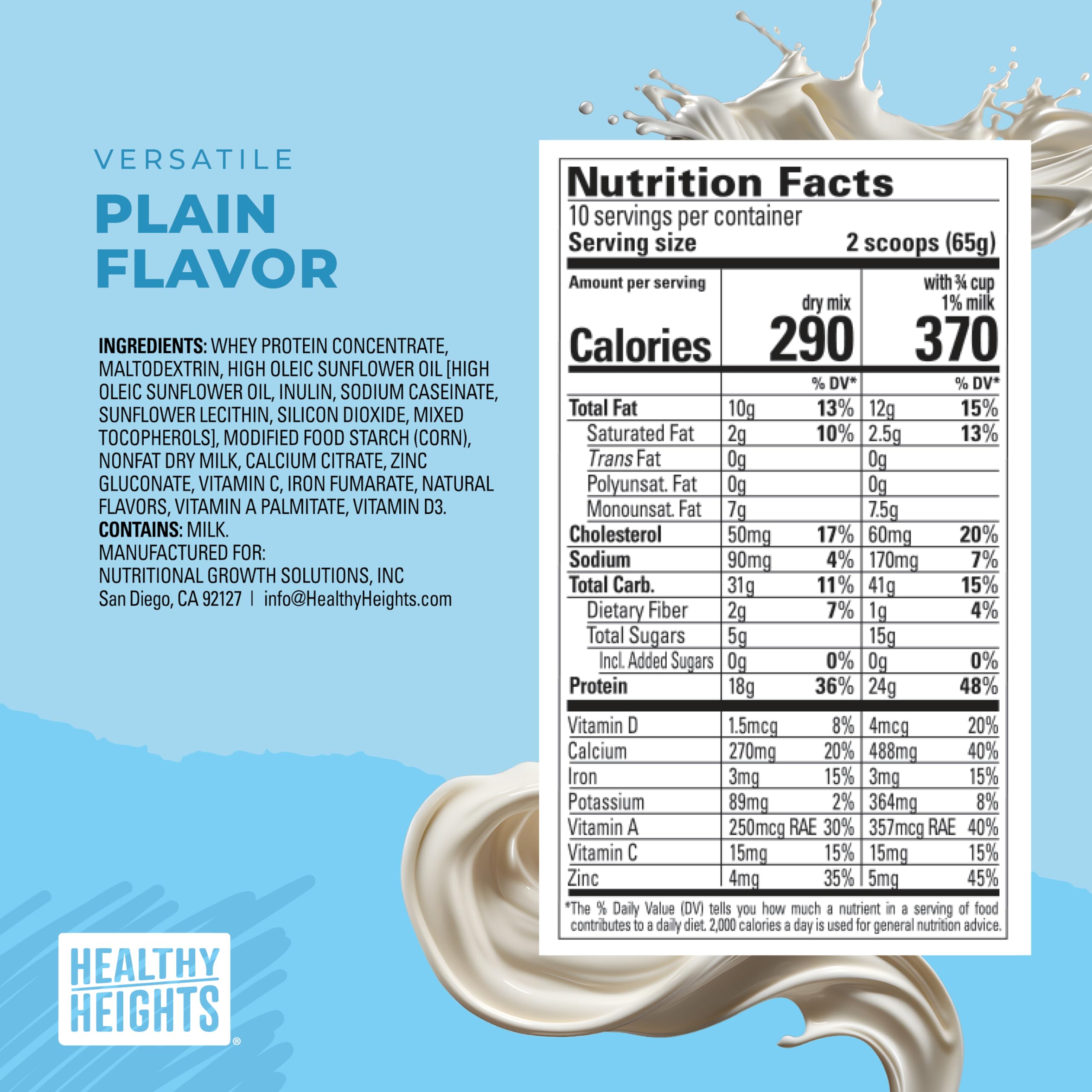 Healthy Heights etiqueta nutricional destacando 18 g de proteína por porción