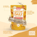 Healthy Heights polvo de vainilla en primer plano, textura cremosa y fácil de mezclar