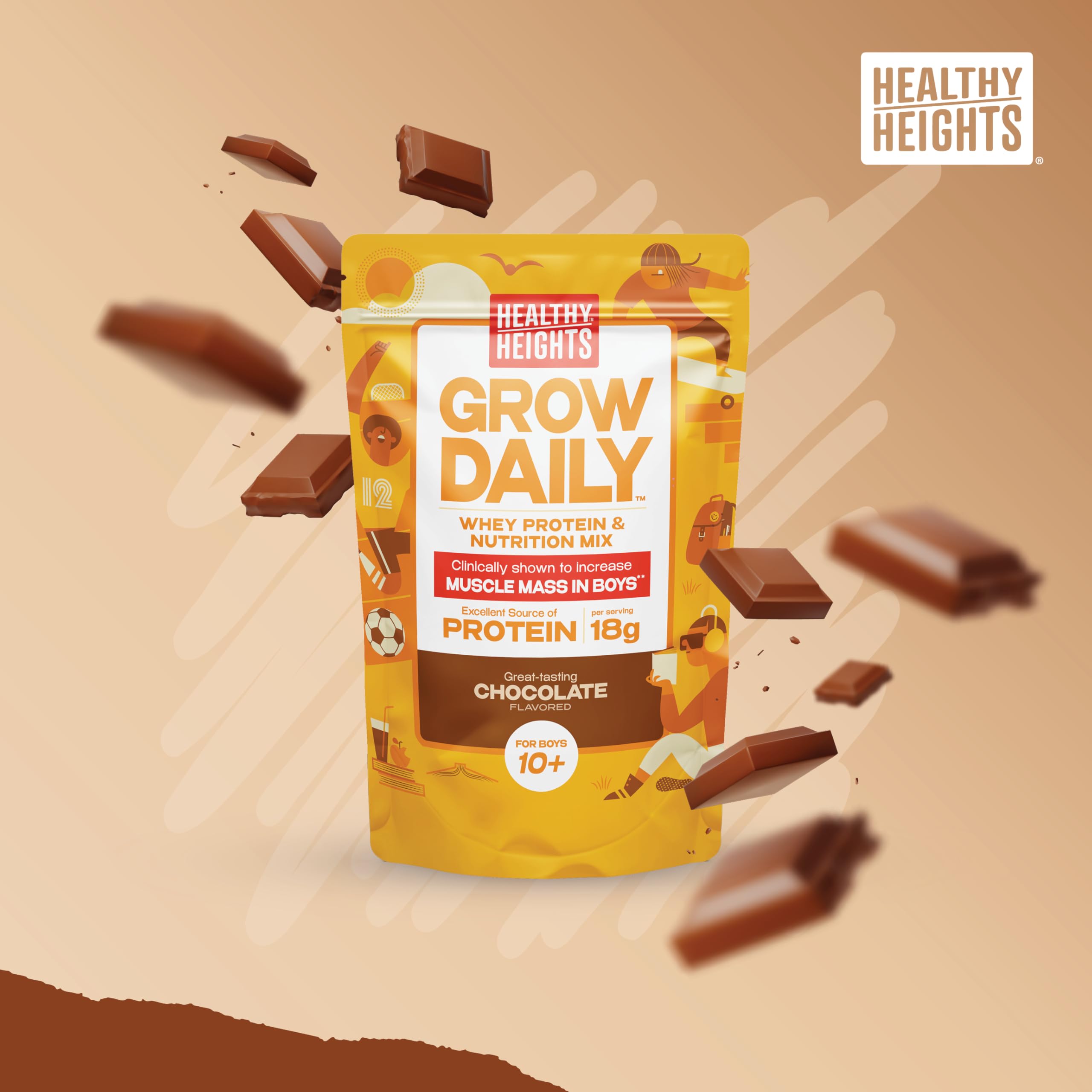 Healthy Heights polvo chocolate en primer plano, textura fina y mezcla fácil