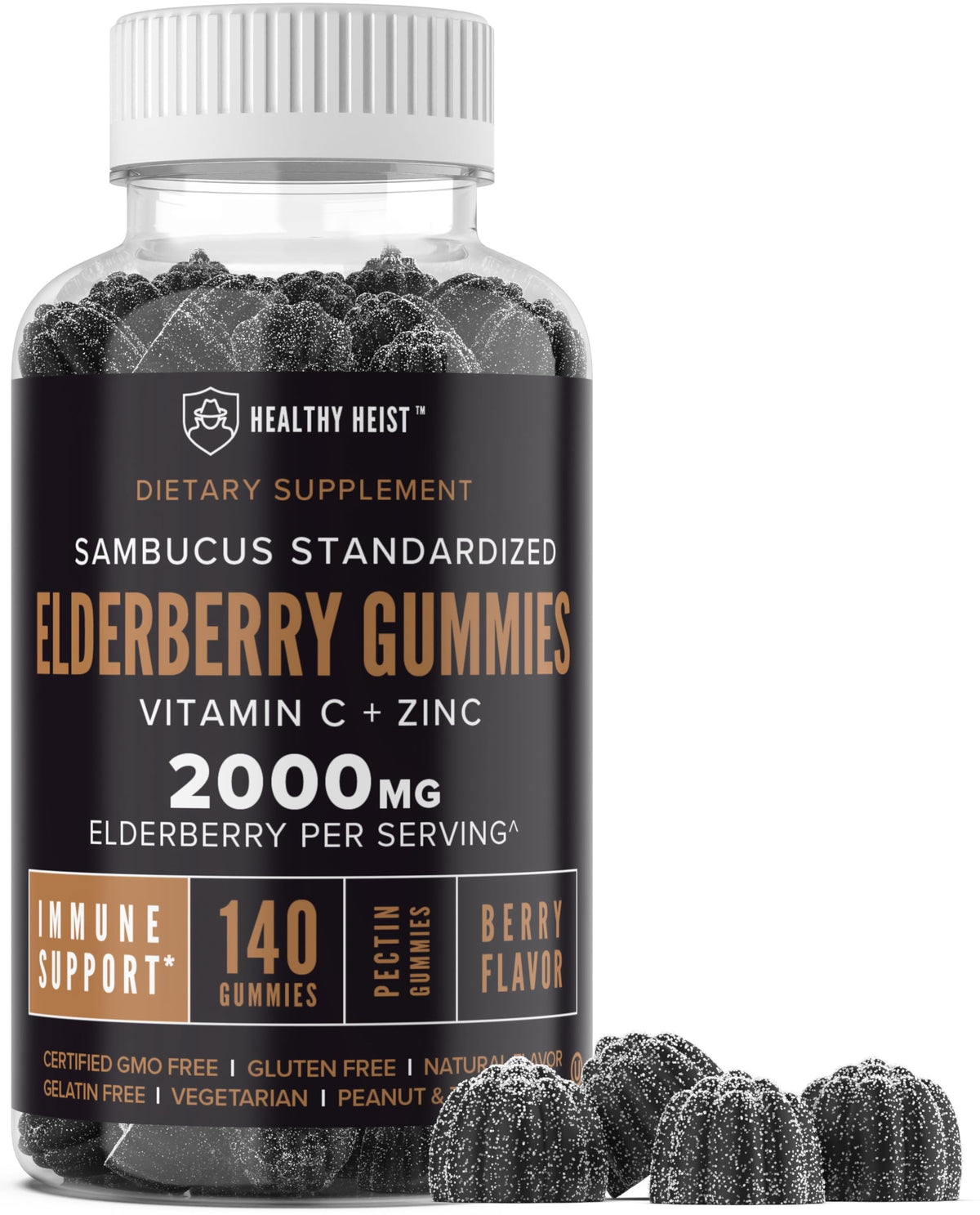 HEALTHY HEIST frasco frontal mostrando etiqueta y cantidad 140