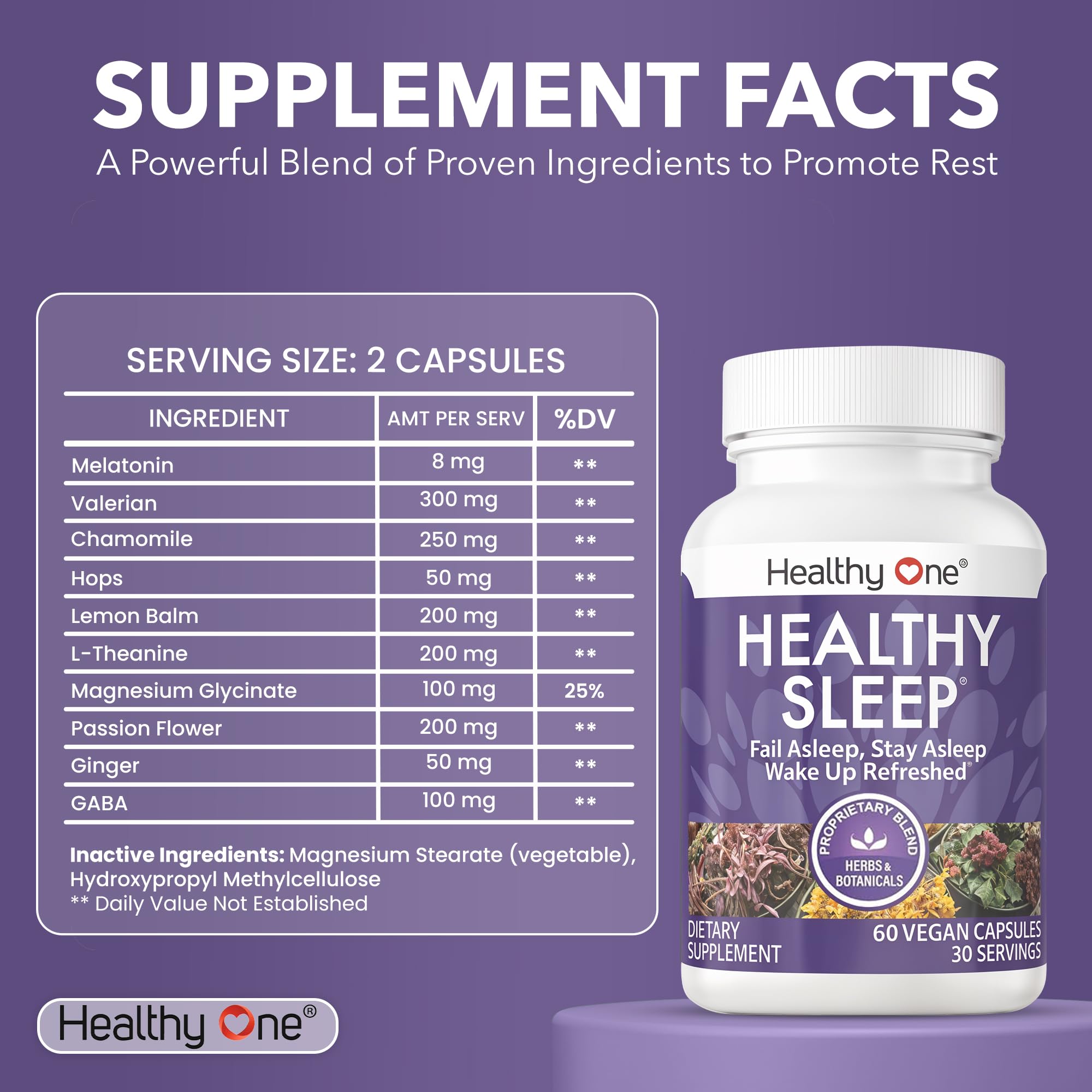 Healthy One botella con etiqueta legible de Healthy Sleep indicando ingredientes clave