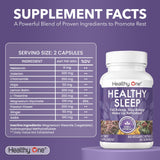 Healthy One botella con etiqueta legible de Healthy Sleep indicando ingredientes clave