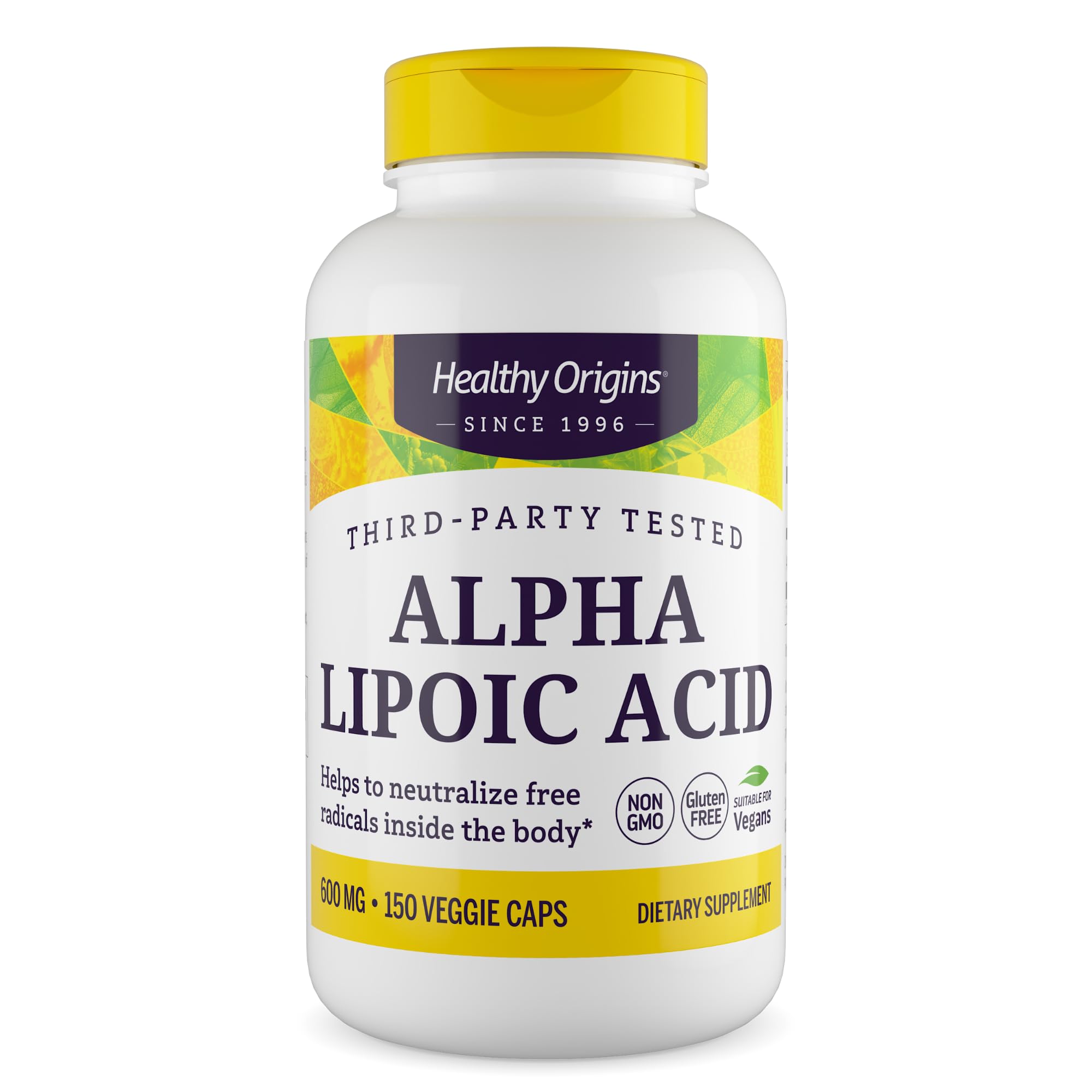Healthy Origins envase frontal del suplemento ALA, claridad de uso y dosis