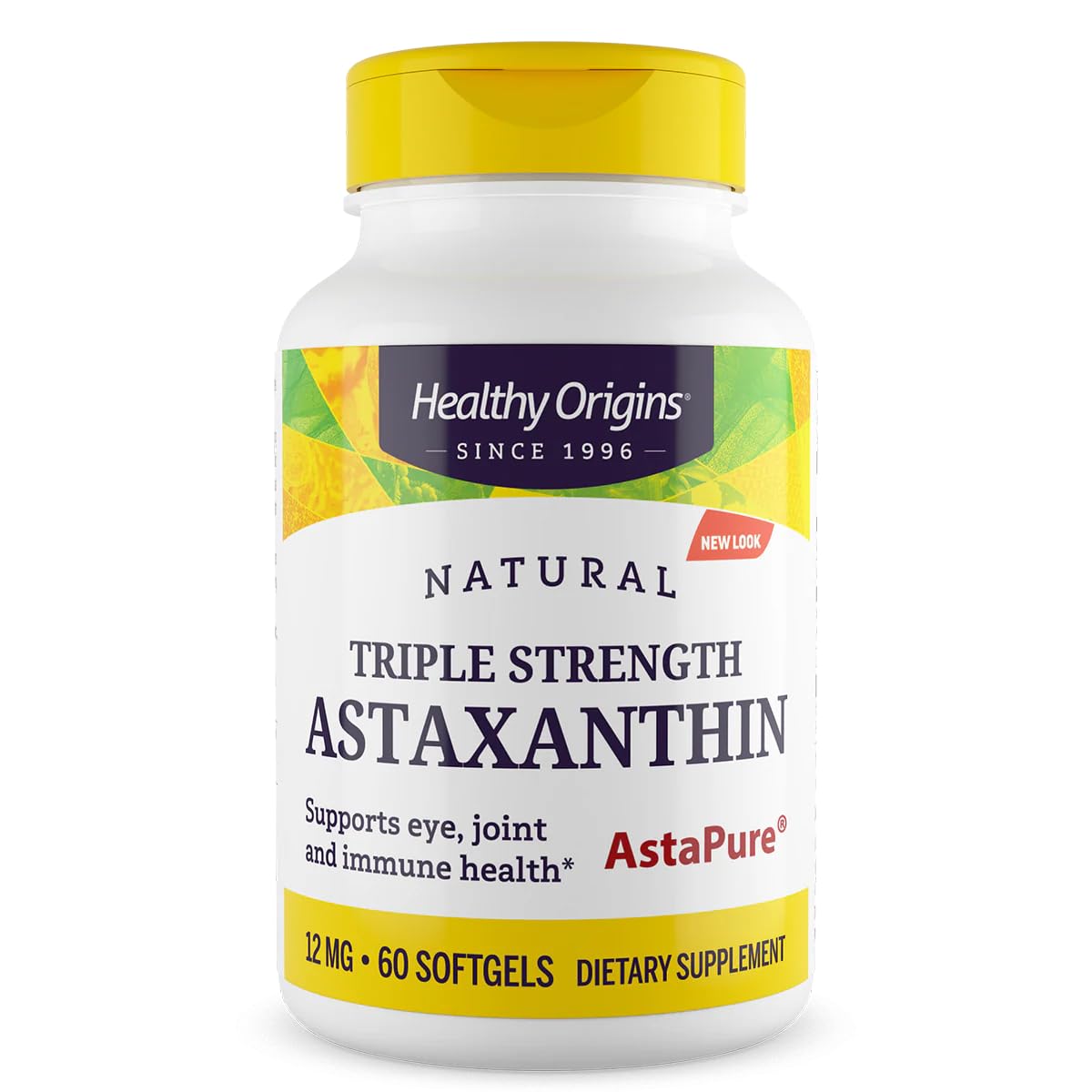 Healthy Origins frasco delantero mostrando astaxantina y dosis clara