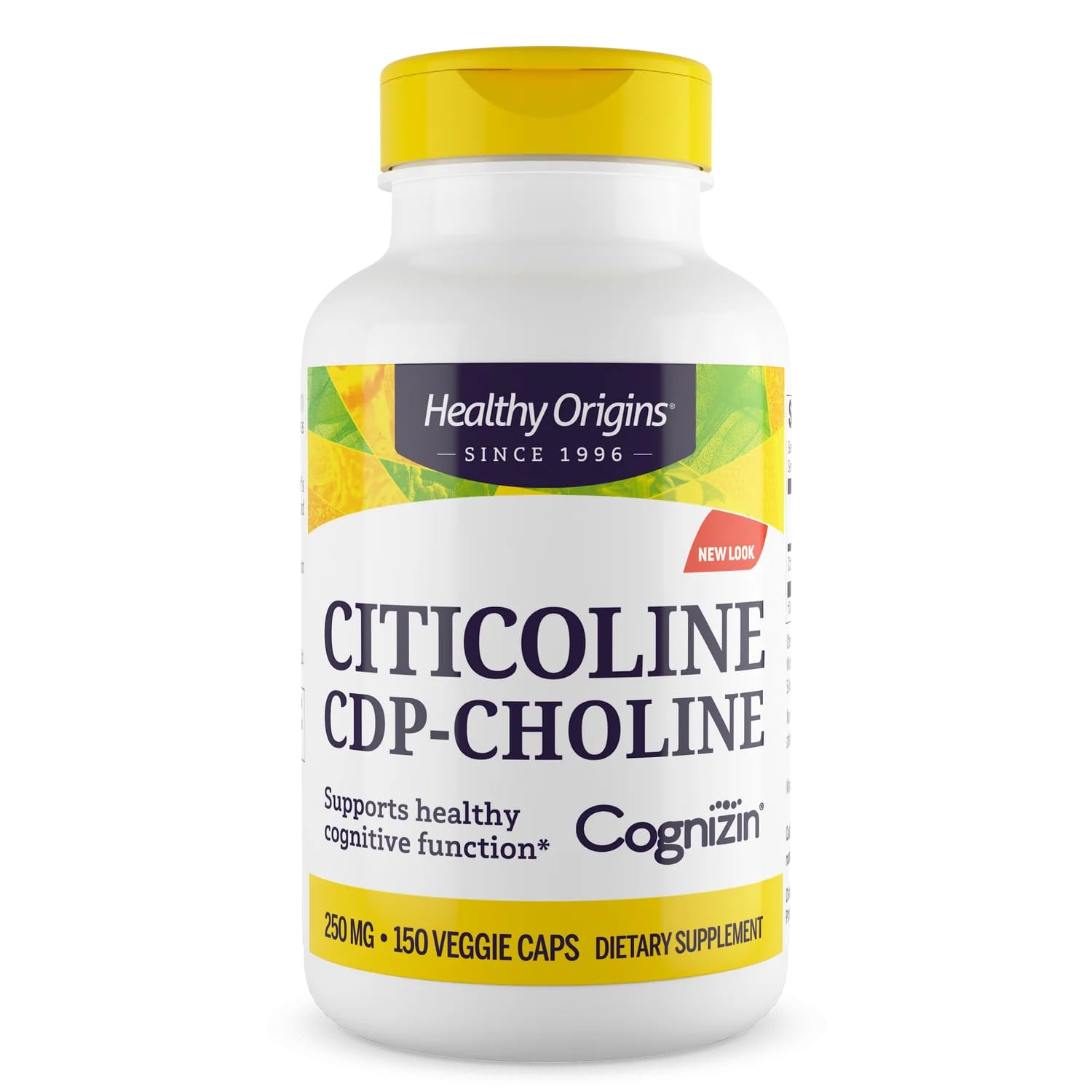 Healthy Origins frasco frontal mostrando Cognizin 250 mg y beneficio claridad mental