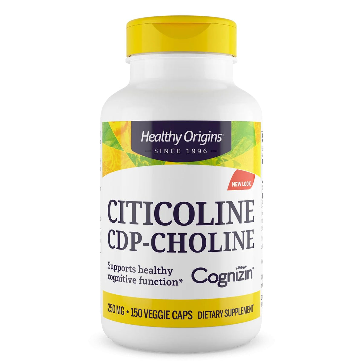 Healthy Origins frasco frontal mostrando Cognizin 250 mg y beneficio claridad mental