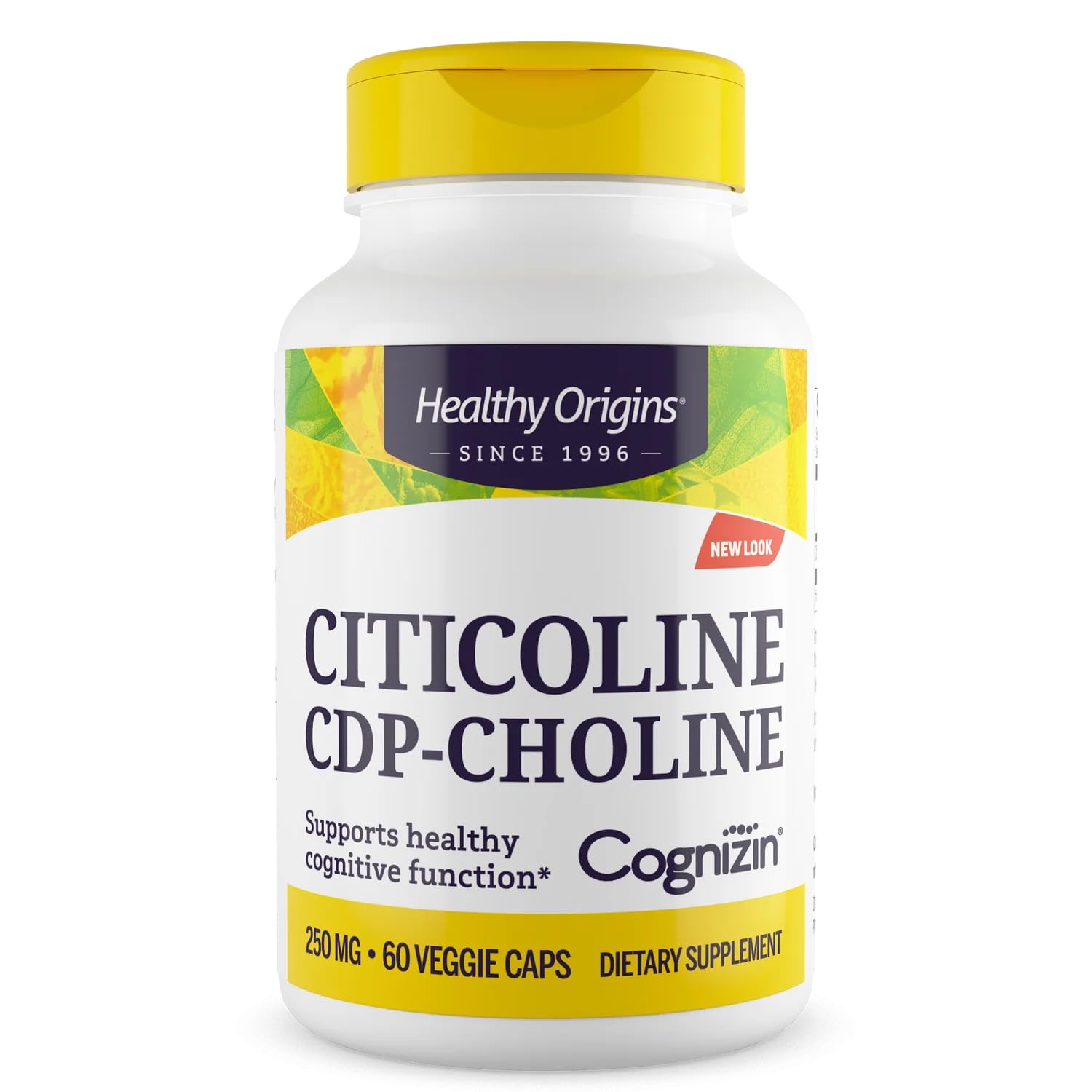 Healthy Origins Cognizin frontal mostrando botella y cápsulas, claridad sobre composición