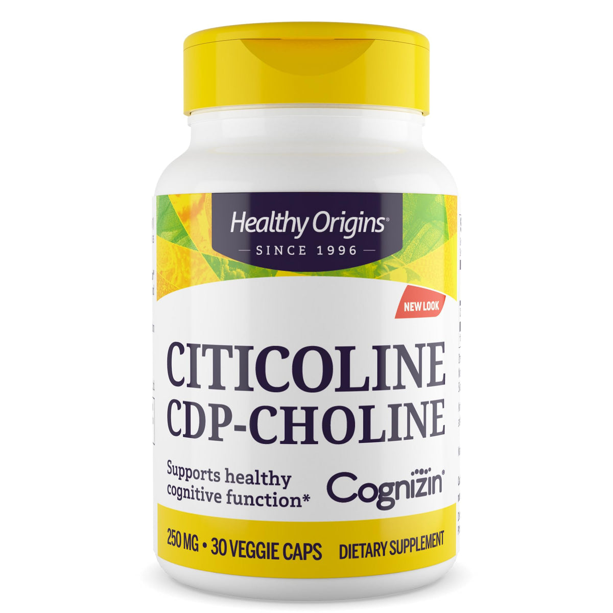 Healthy Origins frasco frontal mostrando Cognizin 250 mg y beneficios claros