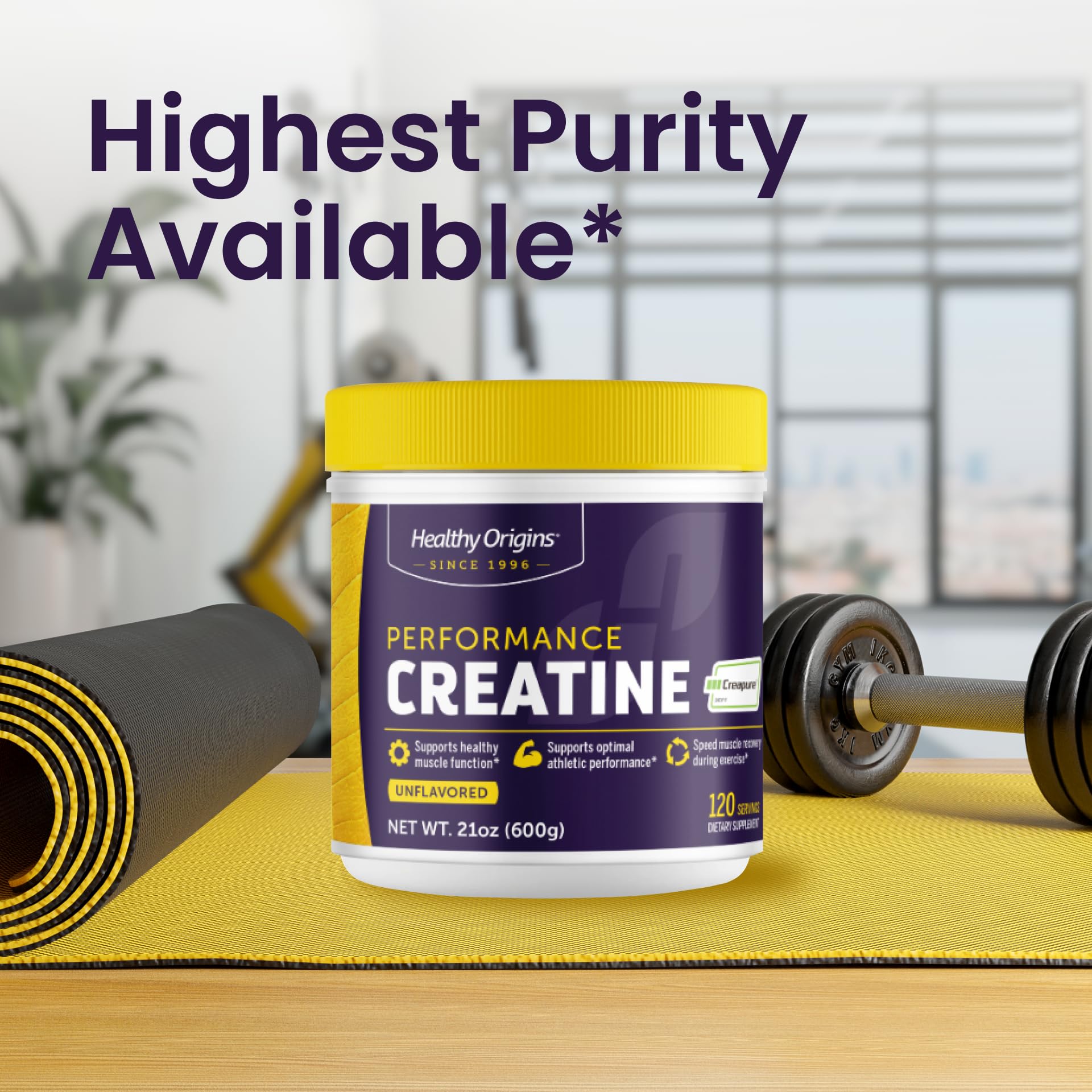 Healthy Origins producto en gimnasio, enfoque en rendimiento y energía