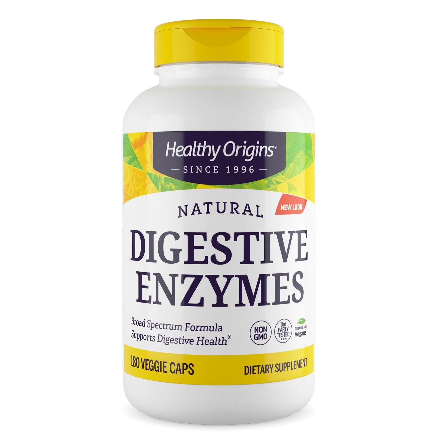 Healthy Origins envase frontal mostrando 180 cápsulas vegetales y beneficio digestivo