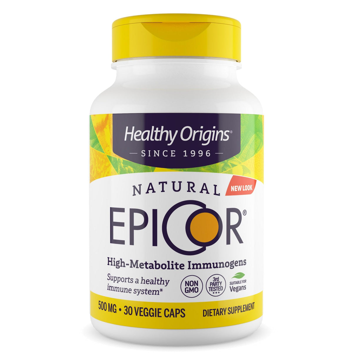 Healthy Origins frasco delante mostrando etiqueta y beneficio inmunitario