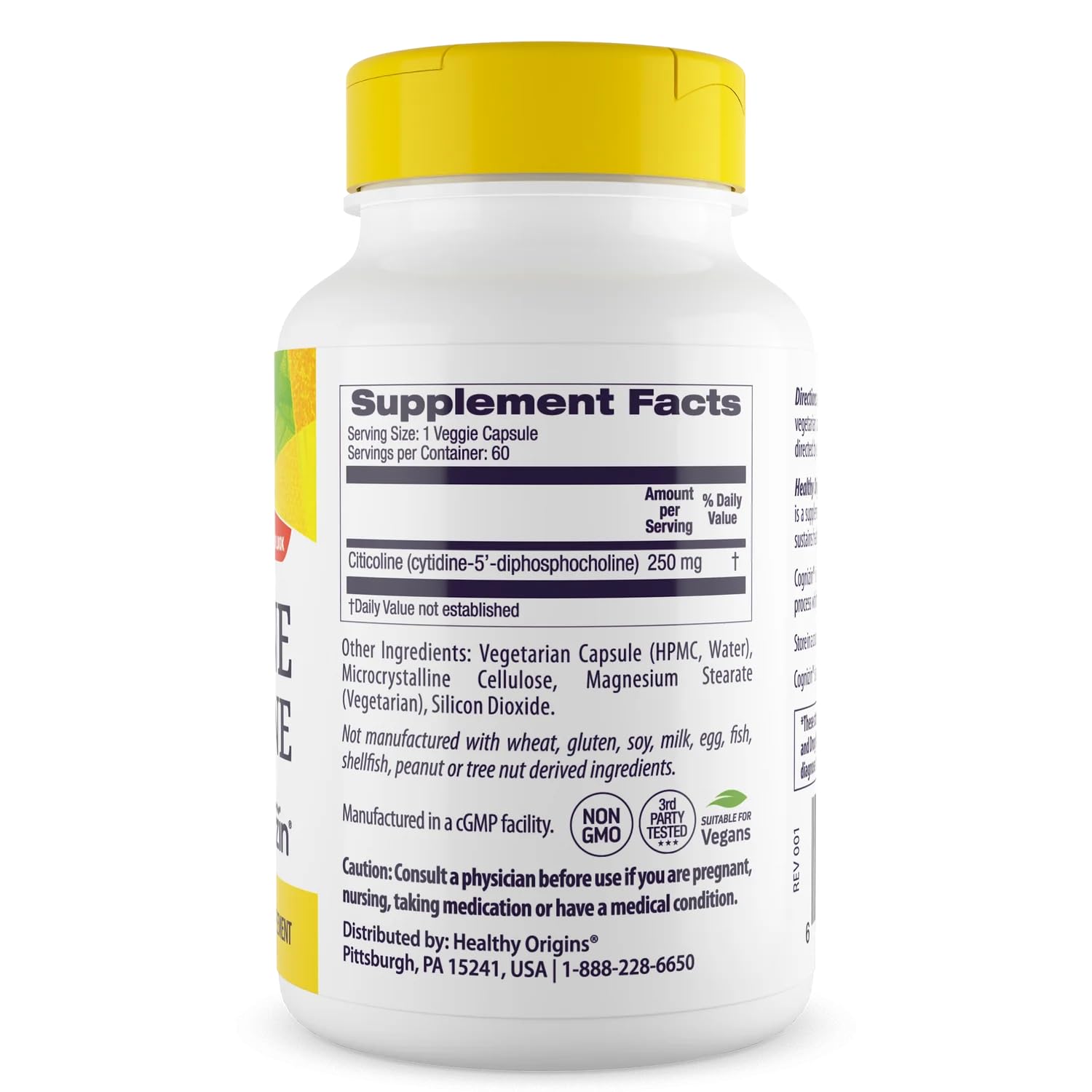 Etiqueta de Healthy Origins Cognizin con información nutricional y dosificación clara