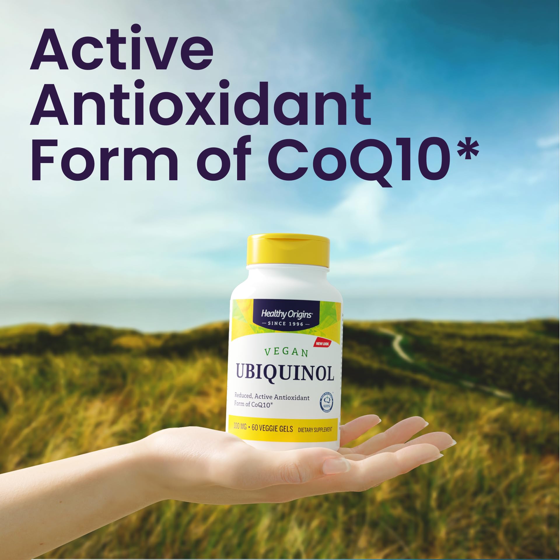 Healthy Origins etiqueta con Kaneka Ubiquinol y beneficios de ingredientes claros