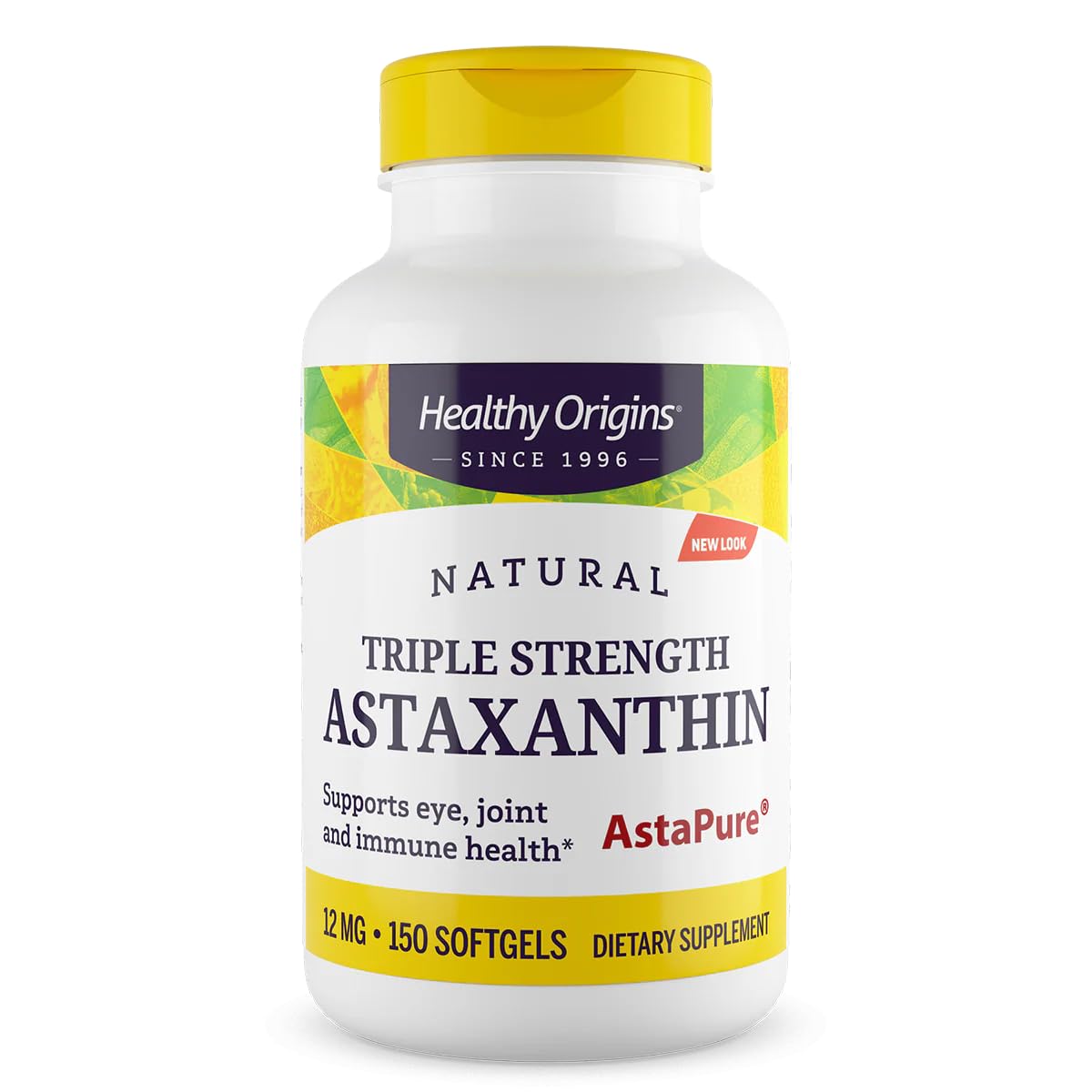 Healthy Origins frasco frontal mostrando astaxantina 12 mg, confianza en calidad