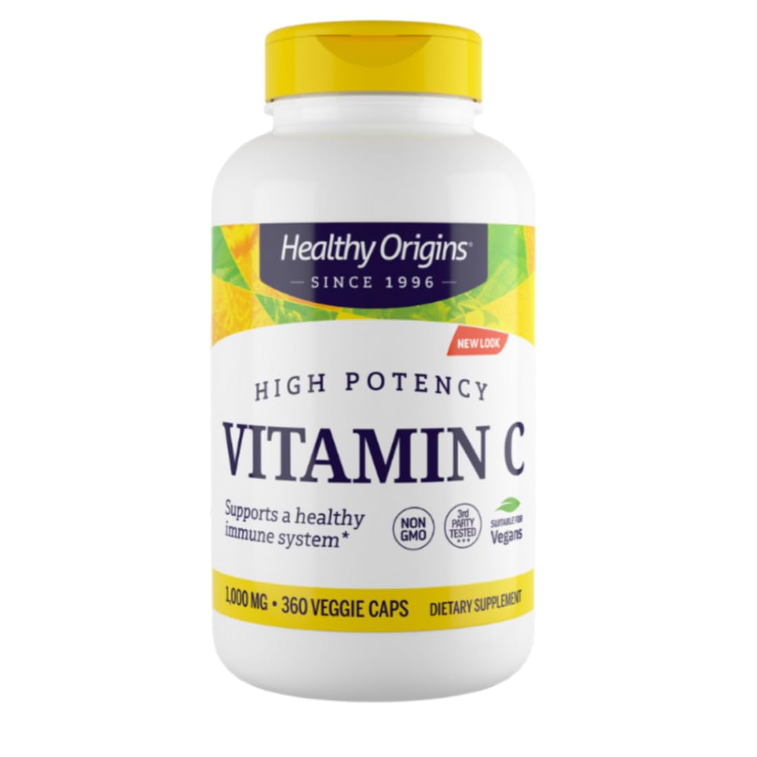 Healthy Origins frasco delante mostrando la marca y beneficio de potencia