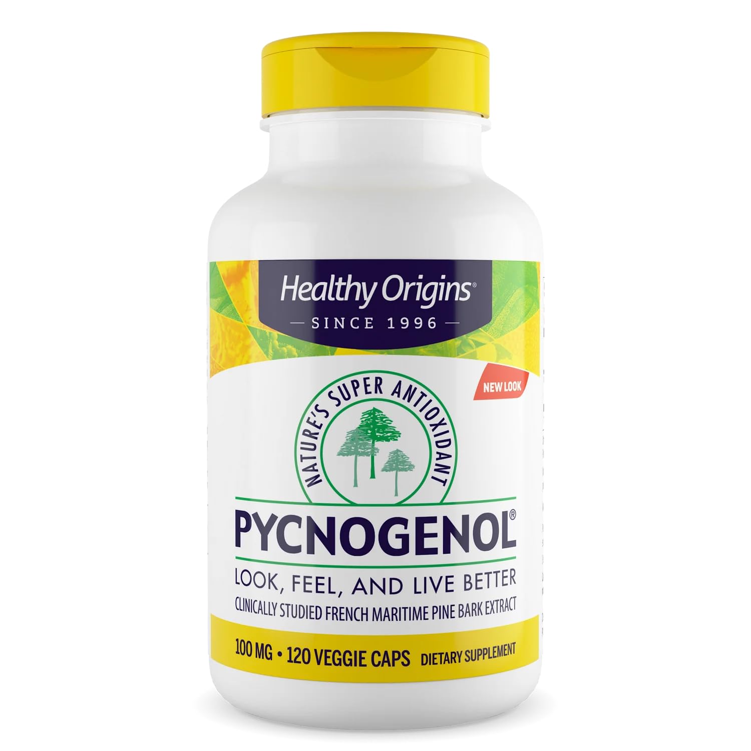 Healthy Origins frasco delantero mostrando 120 cápsulas y etiqueta clara, confianza en calidad