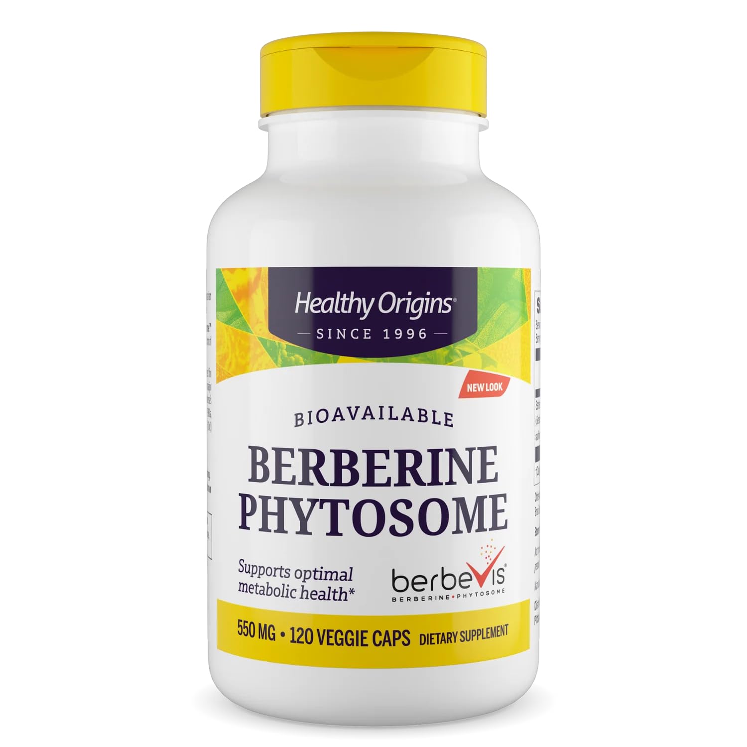Healthy Origins frasco frontal de Berberine Phytosome mostrando envase y beneficio de alta absorción
