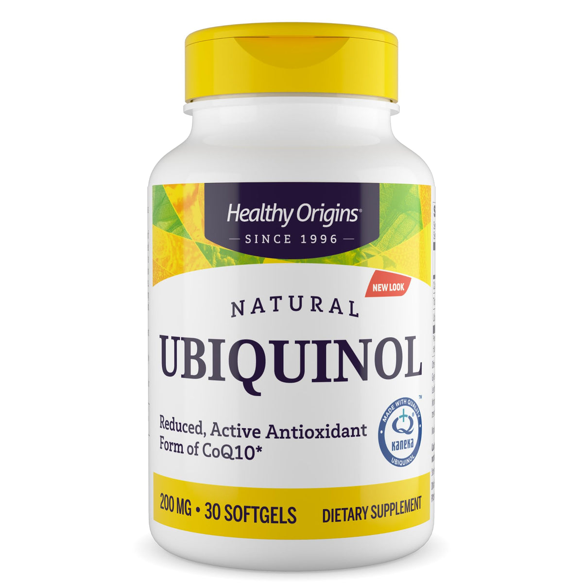 Healthy Origins frasco frontal de ubiquinol 200 mg mostrando la etiqueta clara