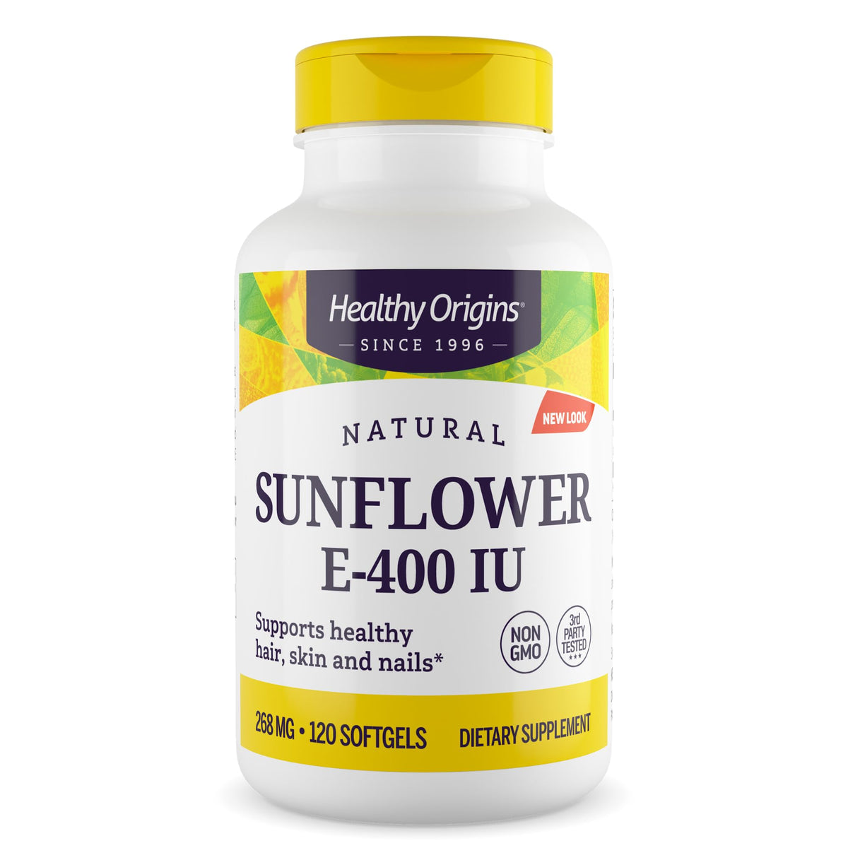 Healthy Origins frontal del envase mostrando 120 softgels y beneficios