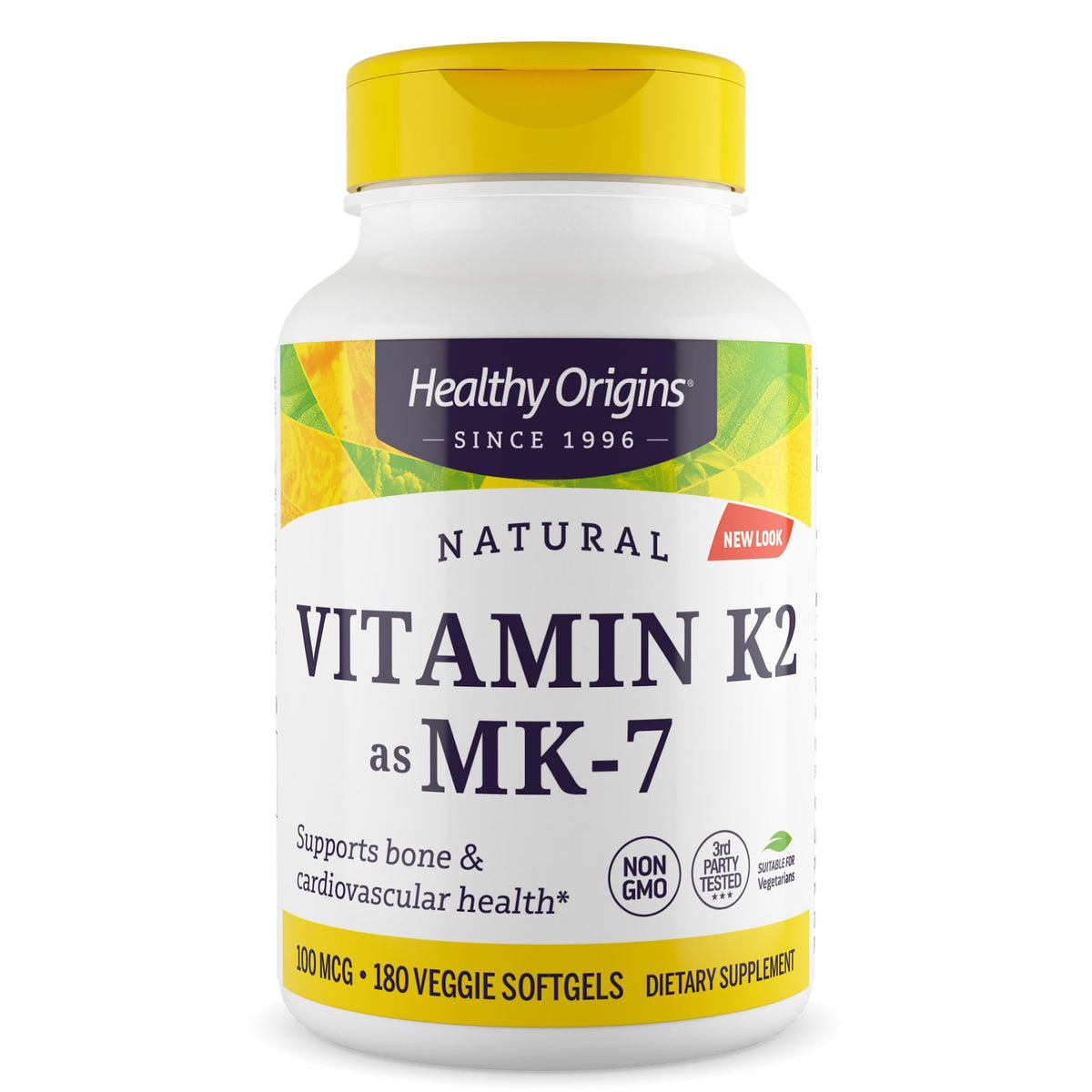 Healthy Origins vista frontal del envase que muestra 180 cápsulas vegetales y practicidad
