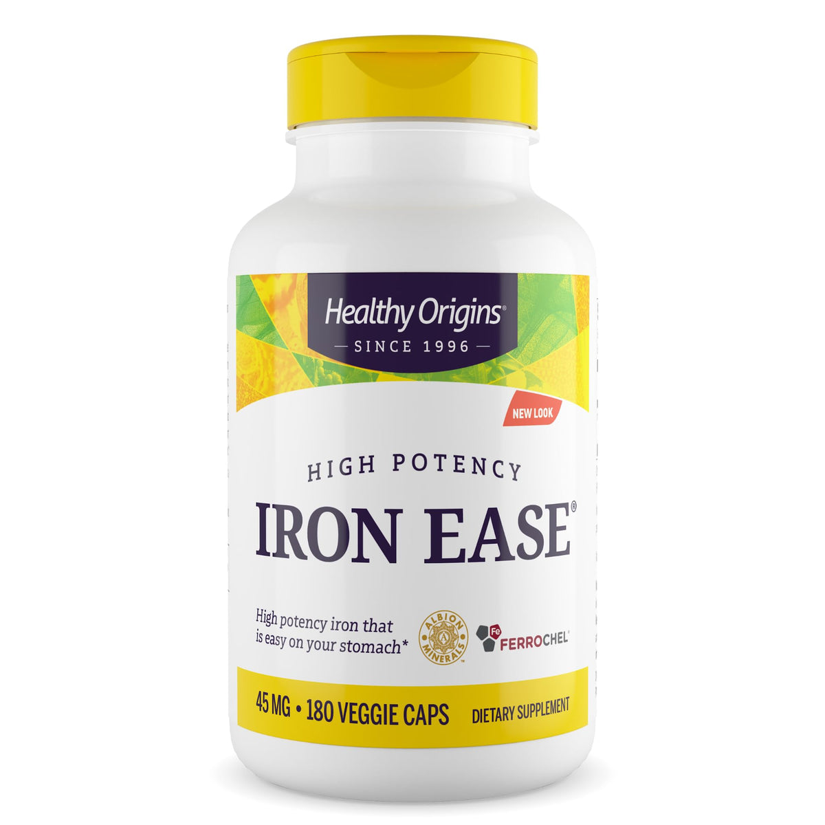 Healthy Origins envase frente mostrando hierro quelado y beneficio de alta biodisponibilidad