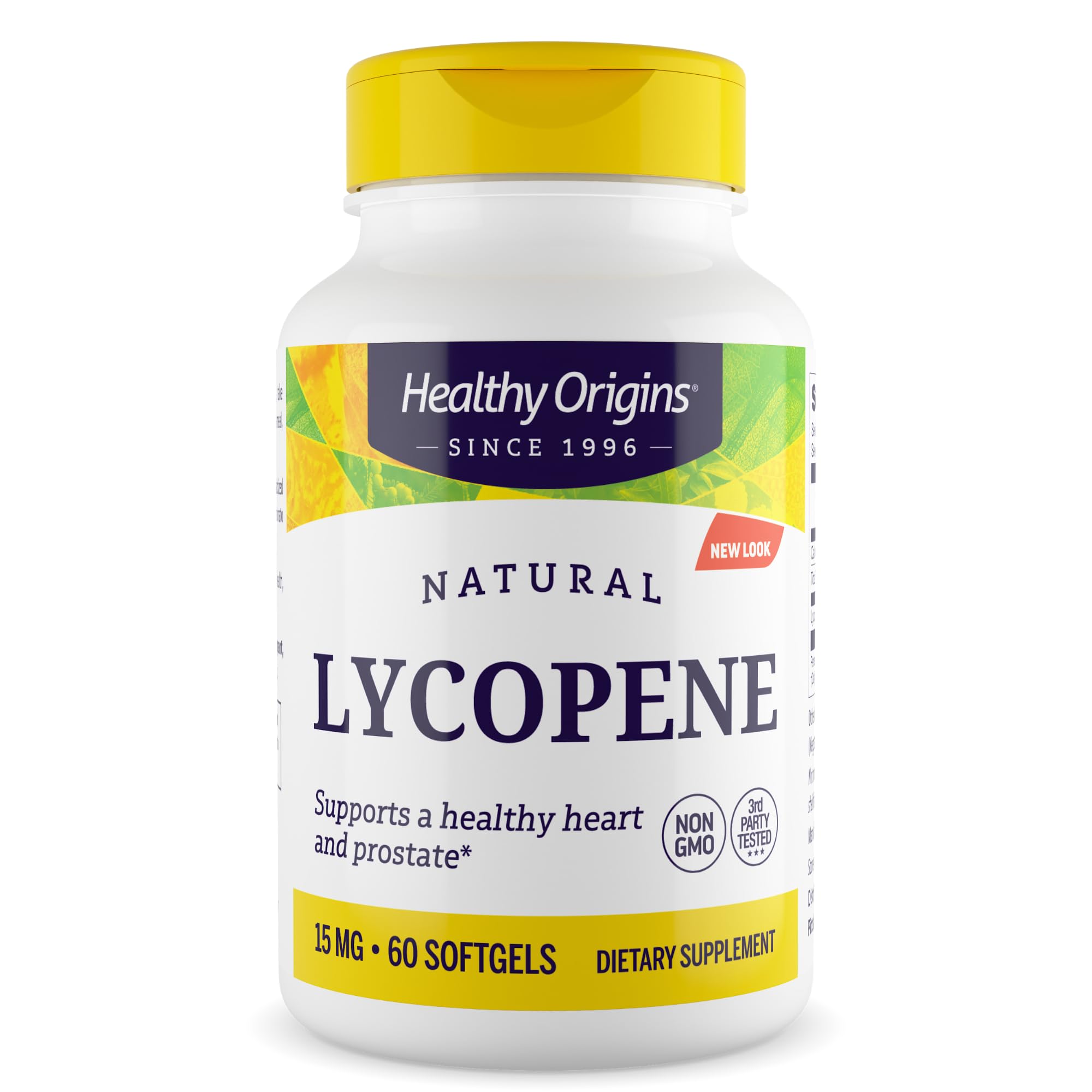 Healthy Origins botella frontal mostrando licopeno 15 mg y beneficios