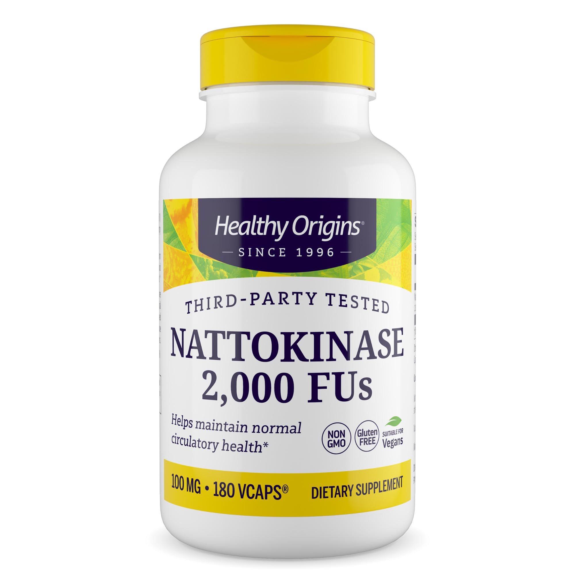 Healthy Origins bote frontal mostrando 180 cápsulas veganas y ventaja de suministro prolongado