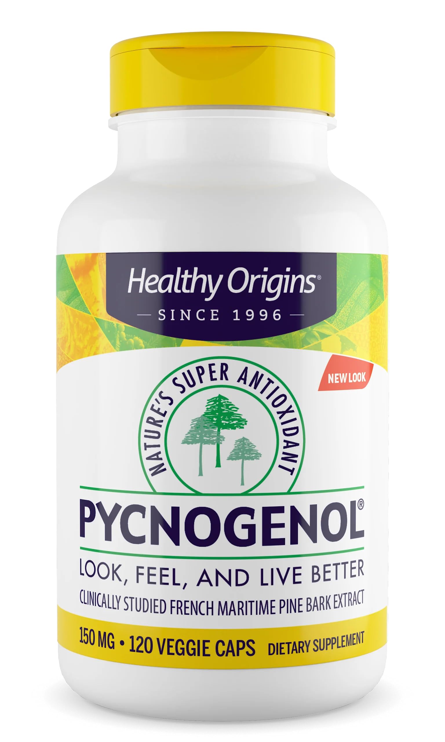 Healthy Origins envase frontal del Pycnogenol destaca dosis y suministro