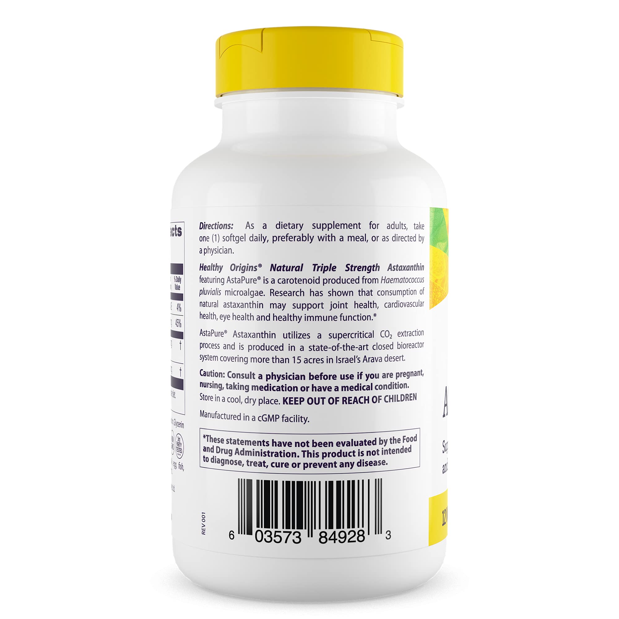 Healthy Origins etiqueta en detalle con información AstaPure y certificaciones claras