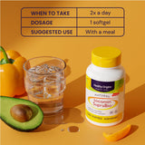 Healthy Origins softgels en platillo resaltando presentación y dosificación