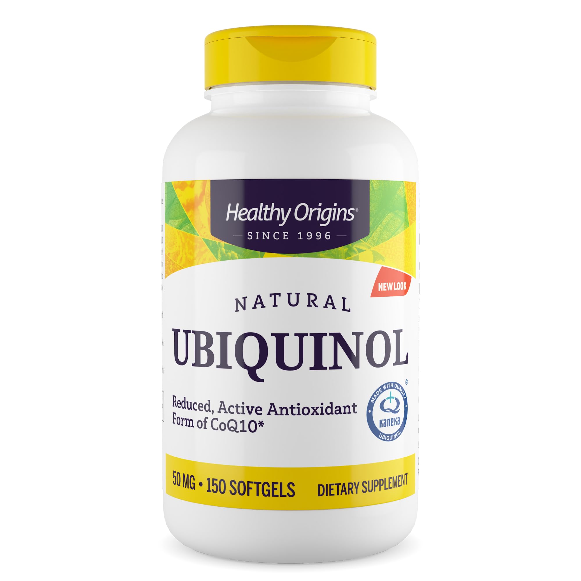 Healthy Origins envase frontal mostrando ubiquinol 50 mg y 150 softgels, claridad en dosificación