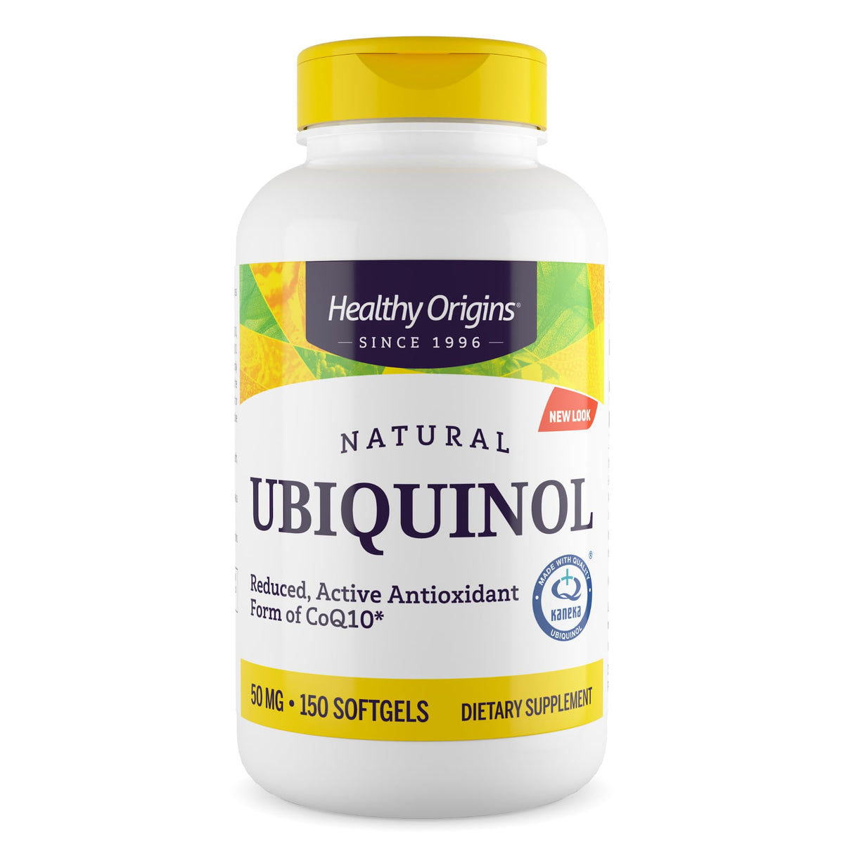 Healthy Origins envase frontal mostrando ubiquinol 50 mg y 150 softgels, claridad en dosificación