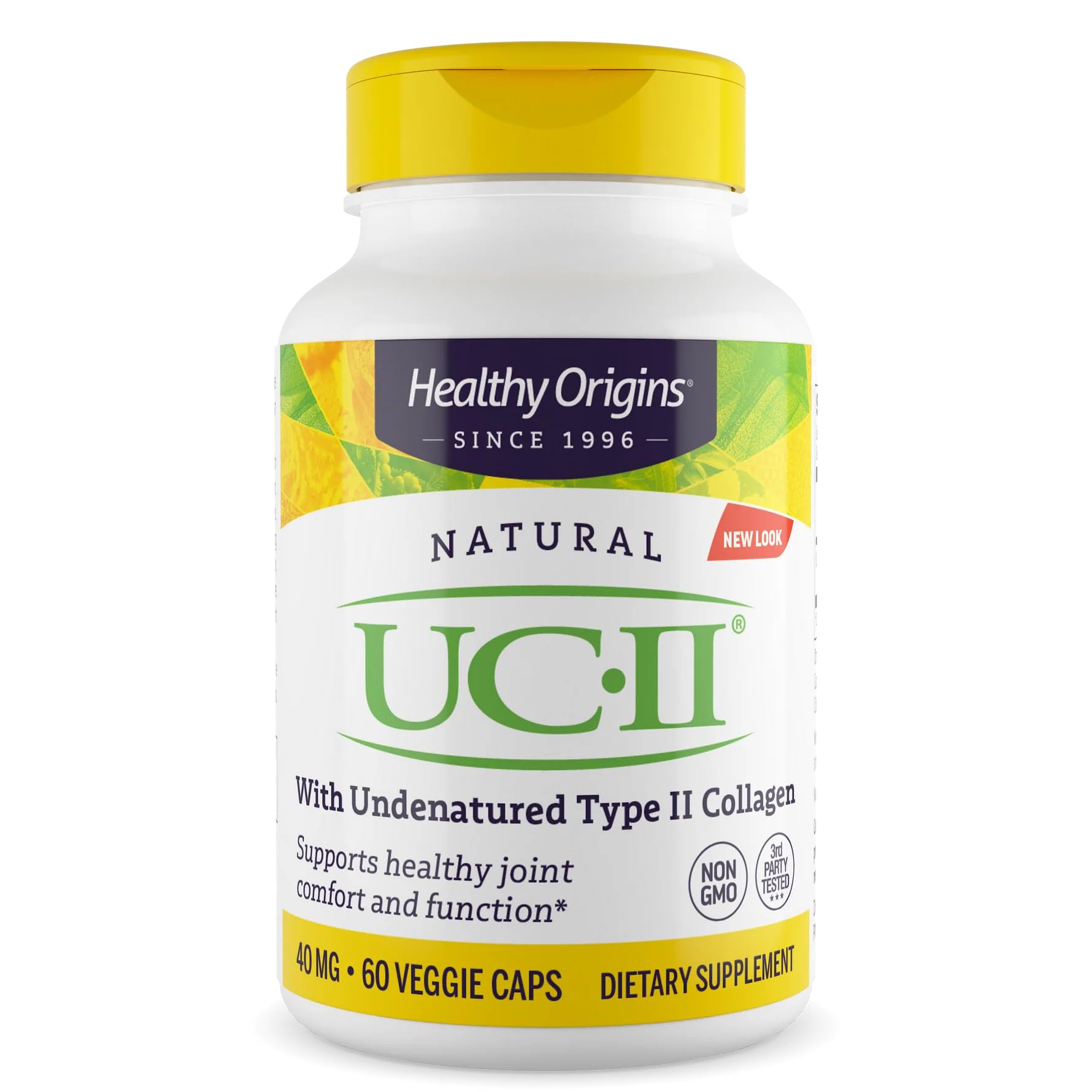 Healthy Origins frasco frontal mostrando UC‑II y beneficio para movilidad