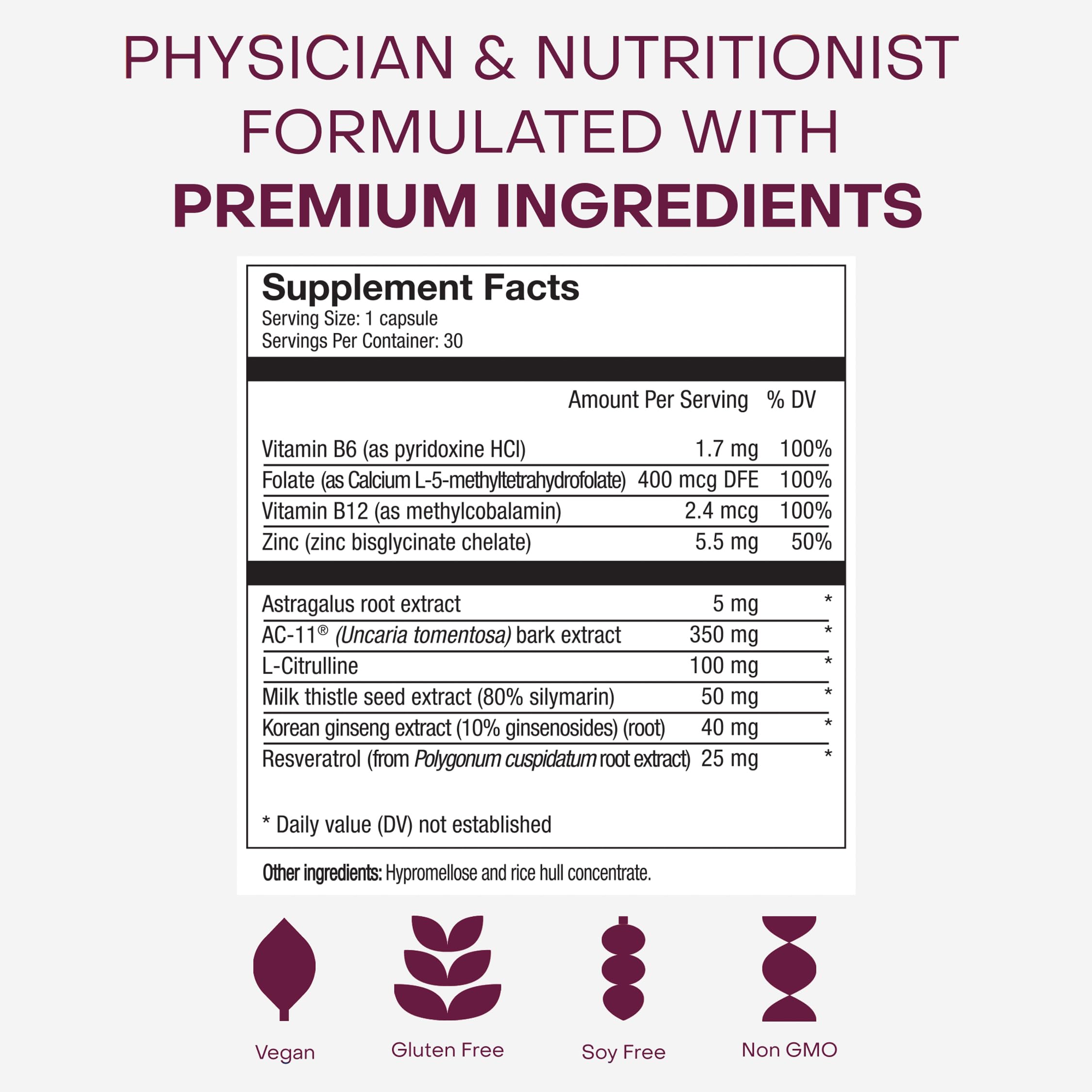 Healthycell etiqueta con ingredientes clave y formas activas de vitaminas