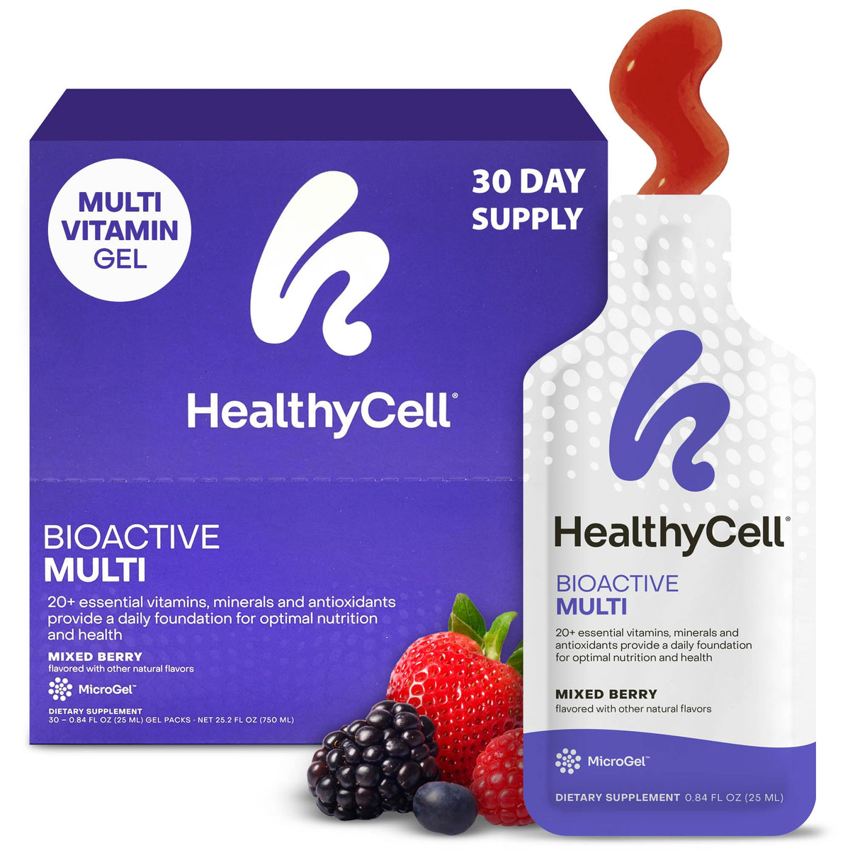 Healthycell frasco y empaques frontales mostrando MicroGel y comodidad diaria