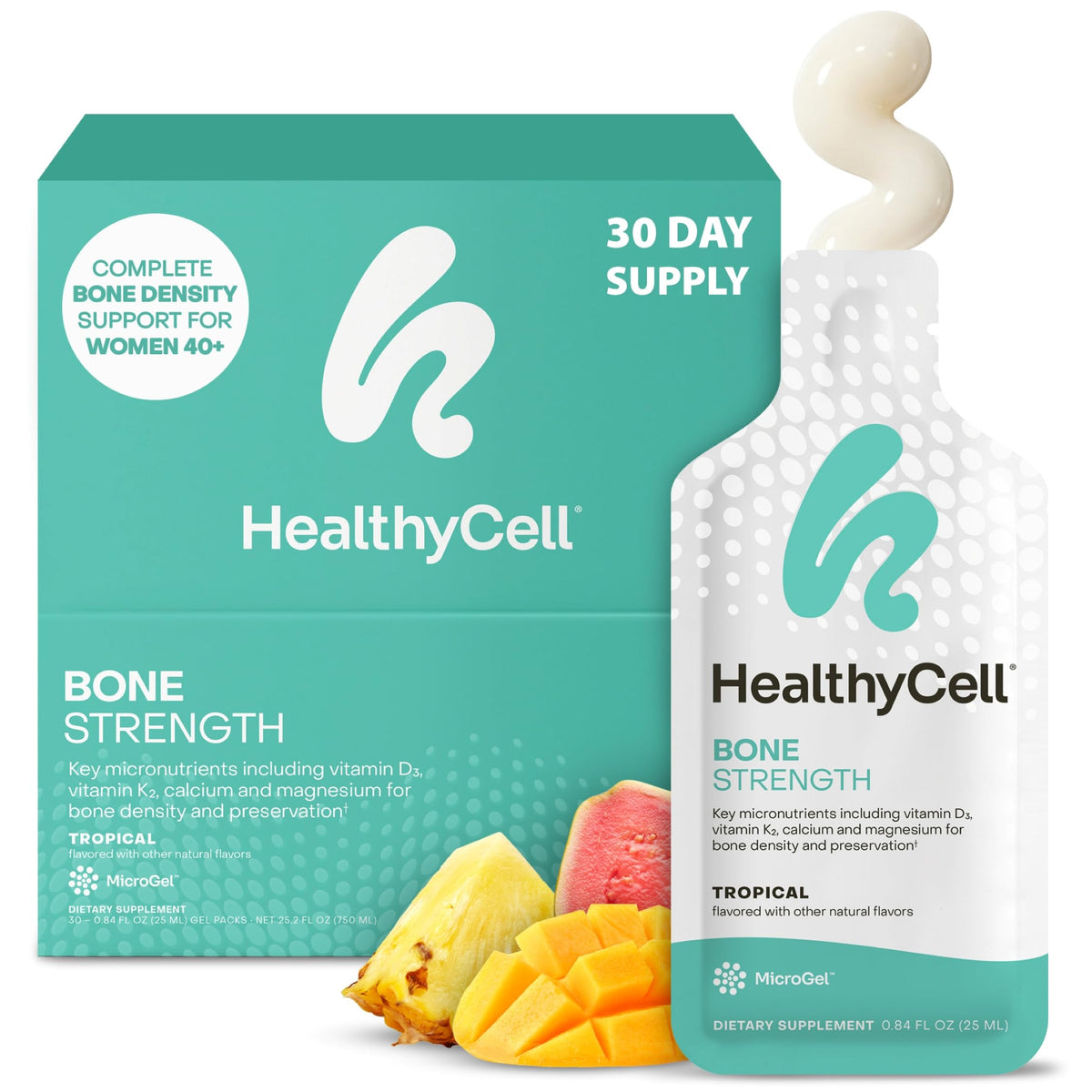 Healthycell frente del empaque con 30 gel packs, conveniencia portátil