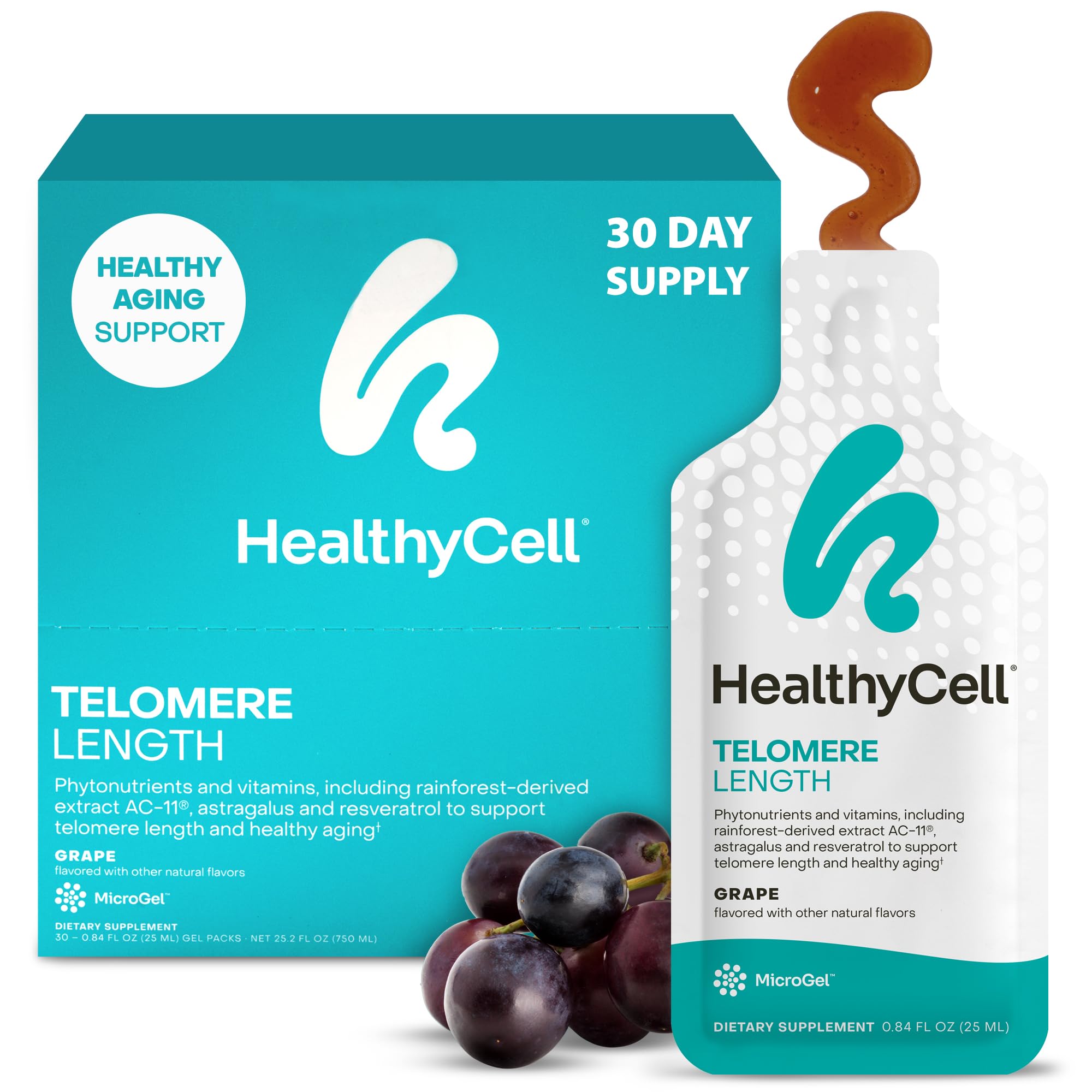 Healthycell microgel frente del pack mostrando sabor uva y conveniencia