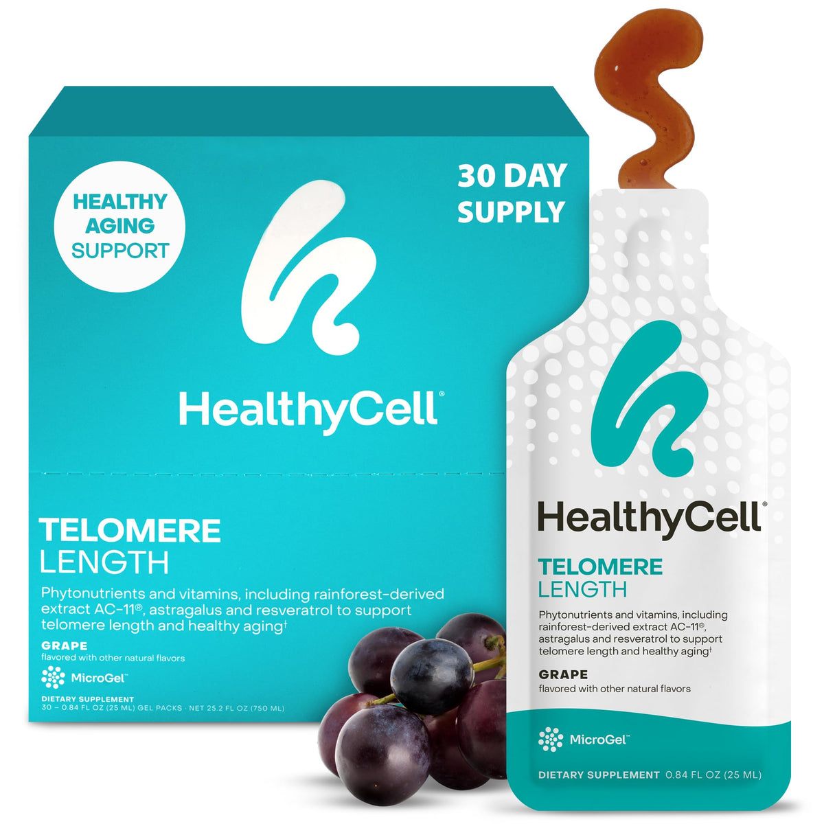 Healthycell microgel frente del pack mostrando sabor uva y conveniencia