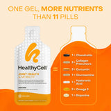 Healthycell sobre vertido en un batido demostrando mezcla conveniente