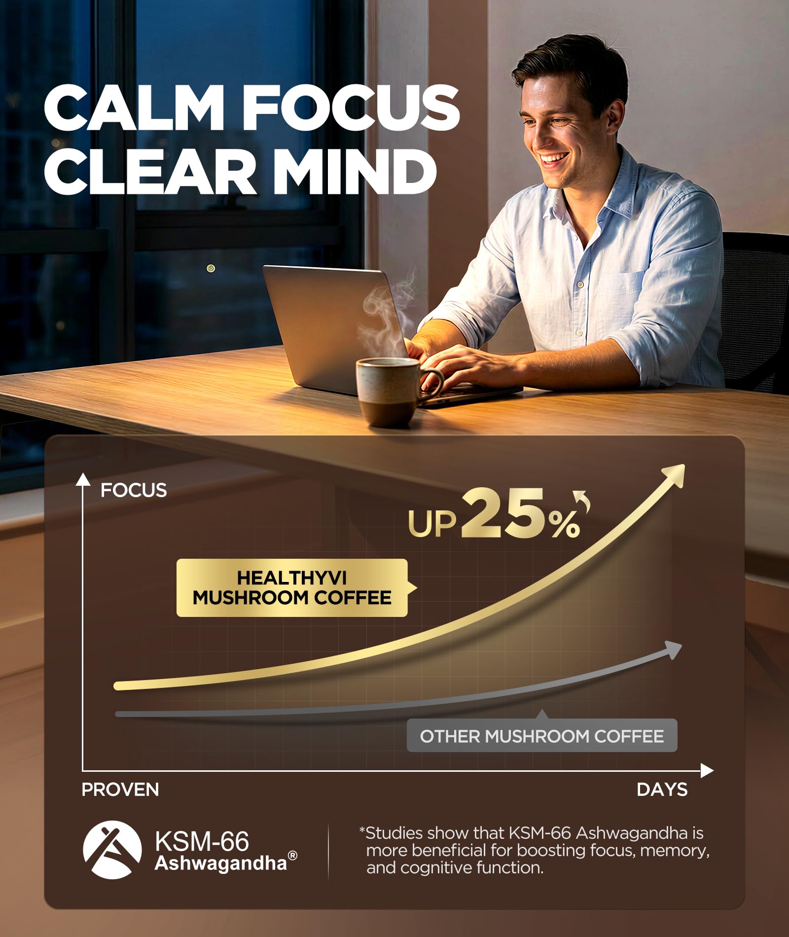 HealthyVi taza servida que sugiere energía suave y sabor equilibrado