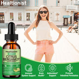 Healtionist botella junto a una moneda para comparar tamaño y capacidad