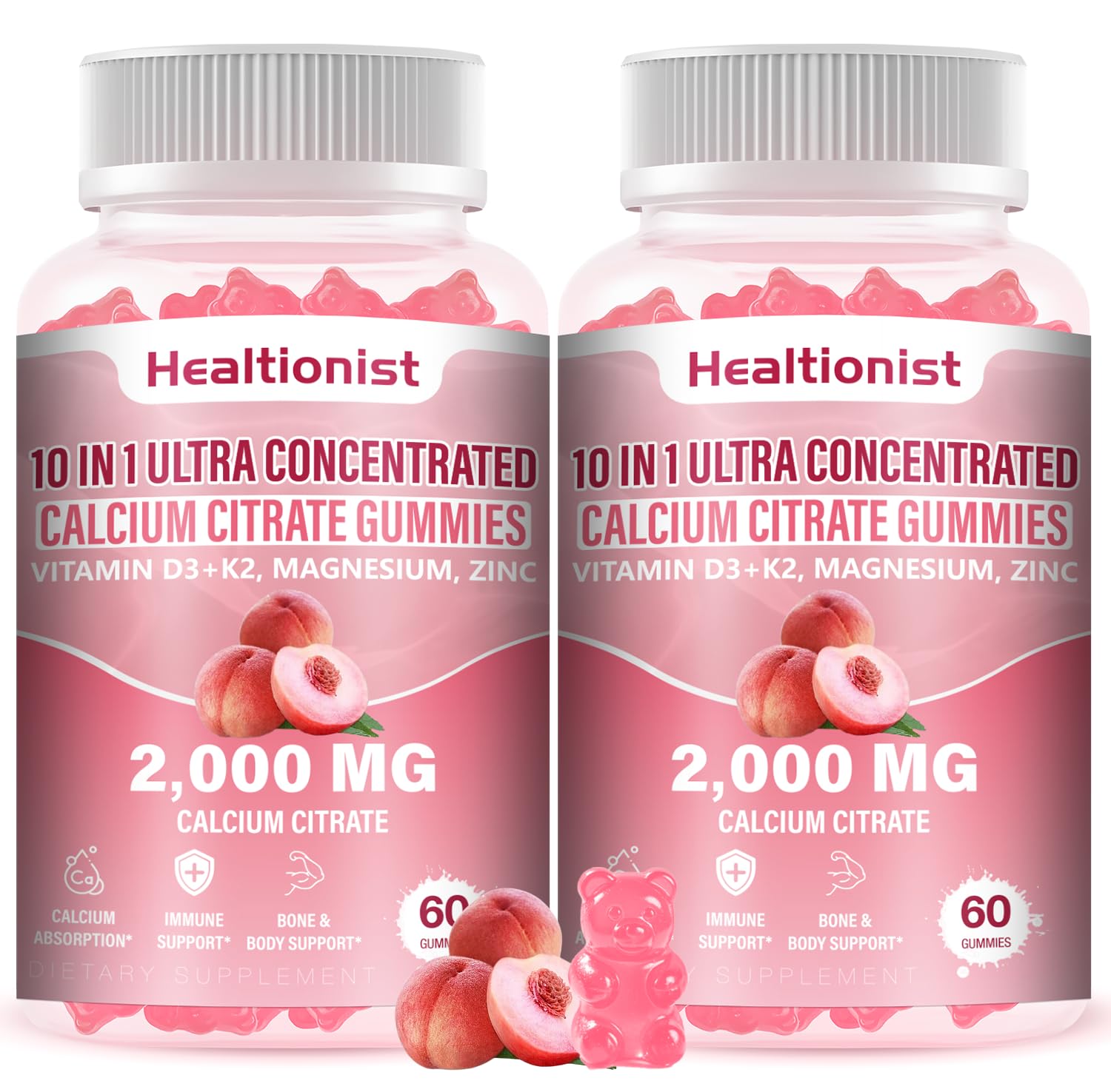 Healtionist envase frontal de gomitas durazno, práctico y atractivo