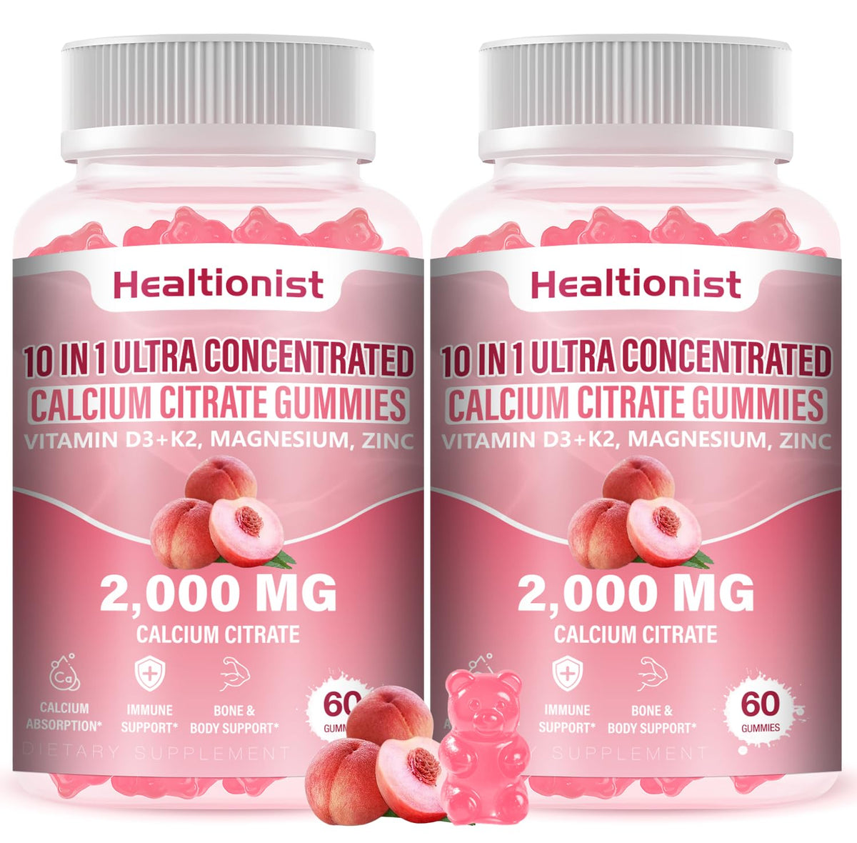 Healtionist envase frontal de gomitas durazno, práctico y atractivo