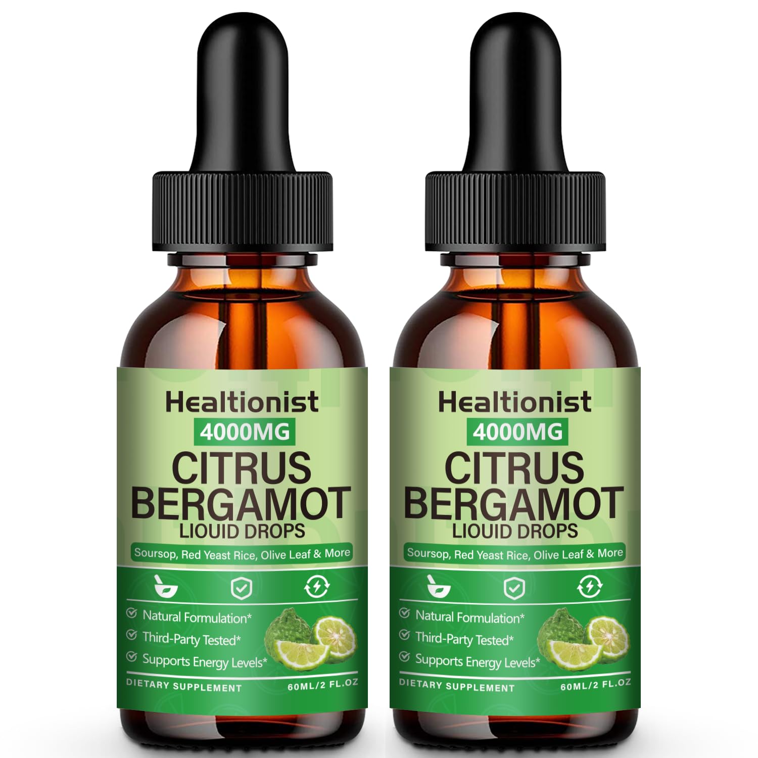 Healtionist frontal del envase de gotas con diseño y beneficios visibles