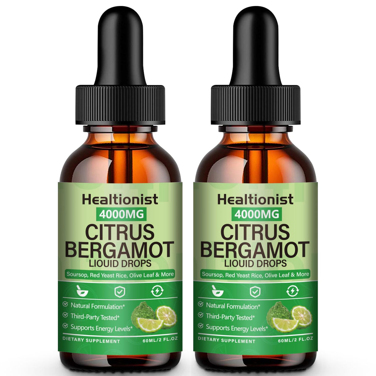 Healtionist frontal del envase de gotas con diseño y beneficios visibles