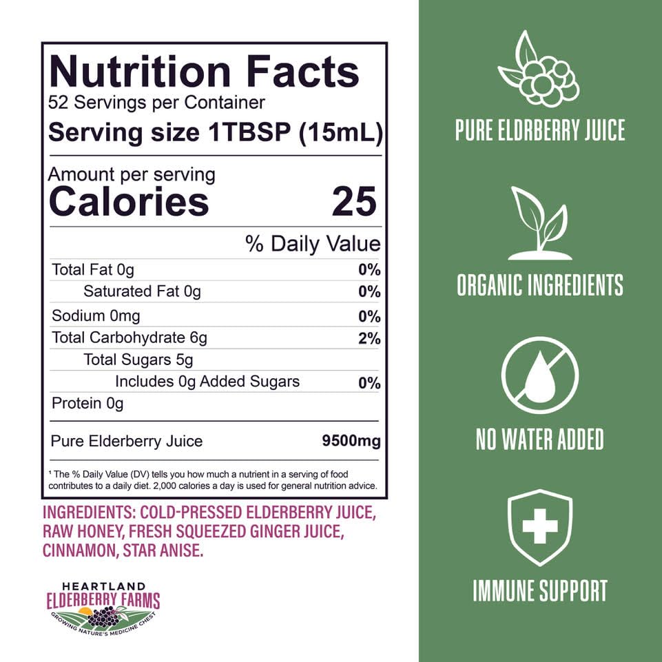 Heartland Elderberry Farms botella abierta con cuchara para medir dosis práctica