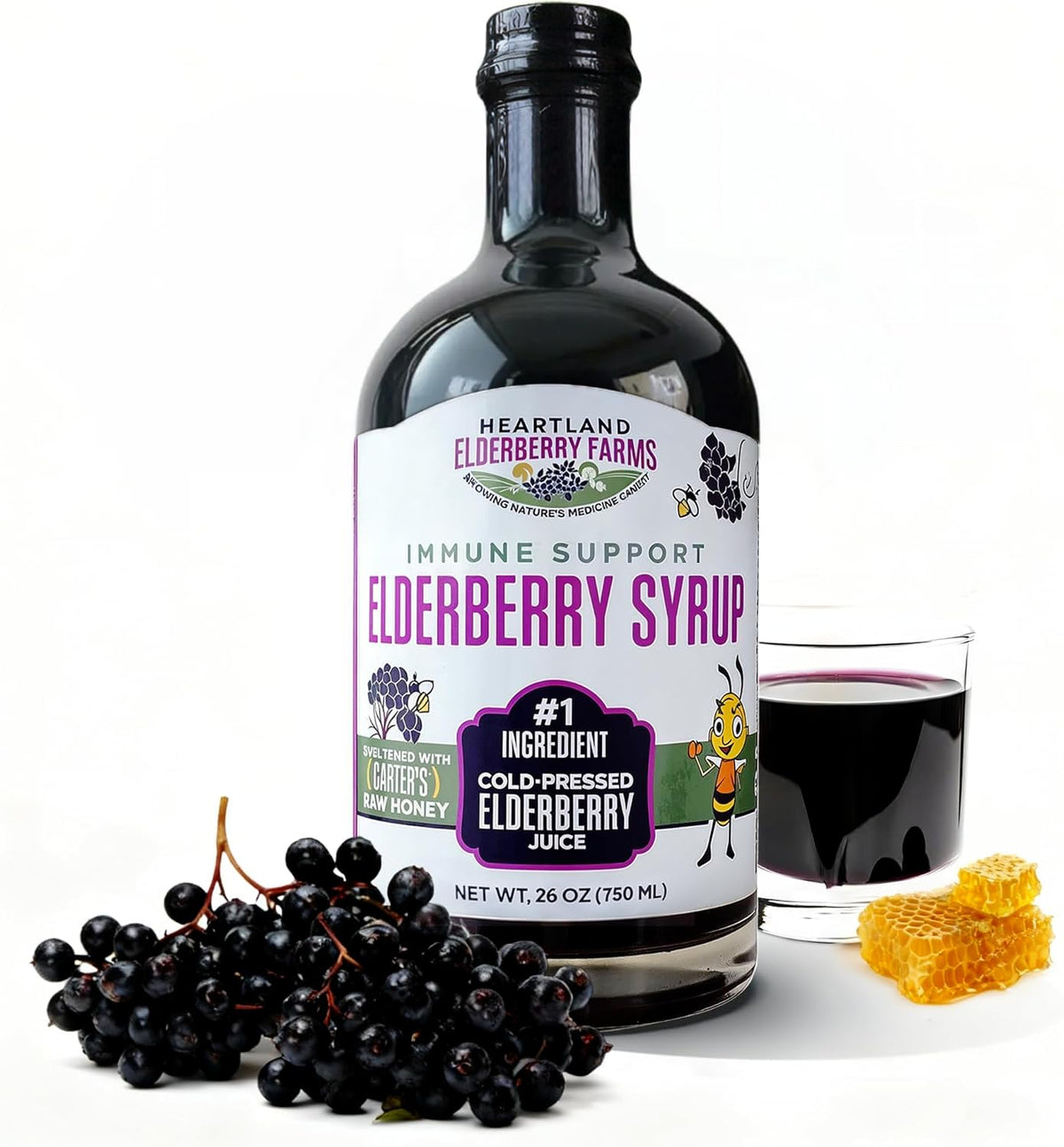 Heartland Elderberry Farms frente del envase mostrando etiqueta clara y volumen